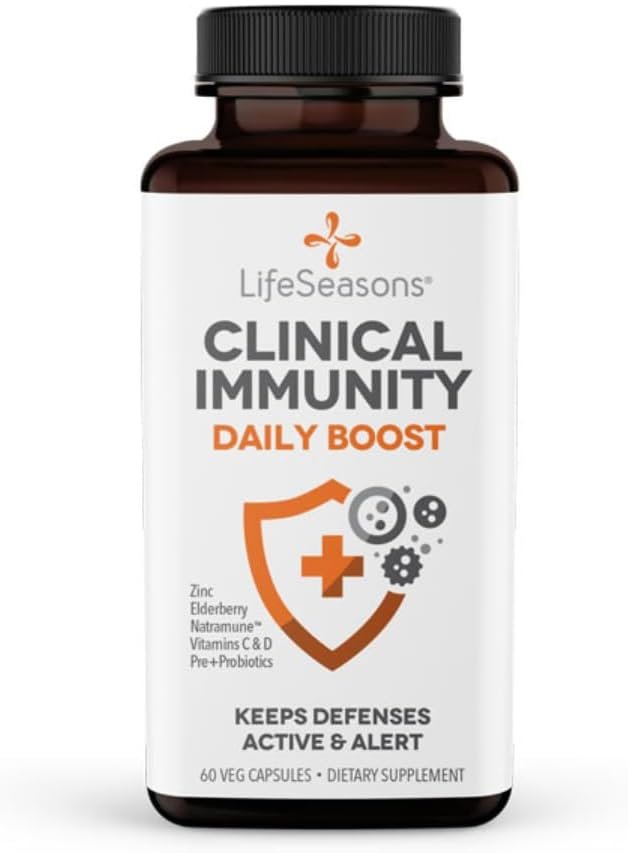 LifeSeasons Clinical Immunity – Daily Boost – Immune System Booster – Pre + Probiotics – Increases Antibodies & Immune Cells – Elderberry, Zinc, Natramune & Vitamin C + D3-60 Capsules