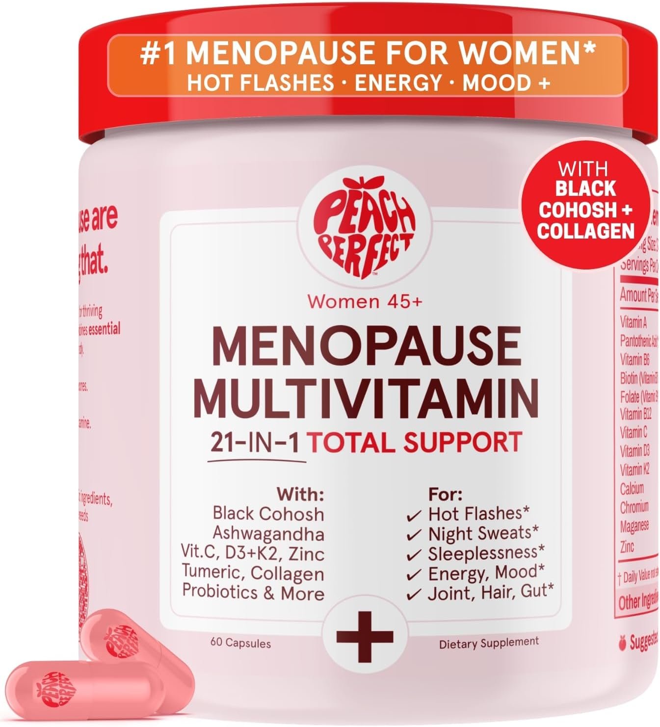 Peach Perfect Menopause Multivitamin | 21 Vitamins for Women 45+ | Black Cohosh, Ashwagandha, Vitamin D3+K2, Probiotics & Collagen | Support for Hot Flashes, Mood Swings, Joint & Skin Health | 30 SVG