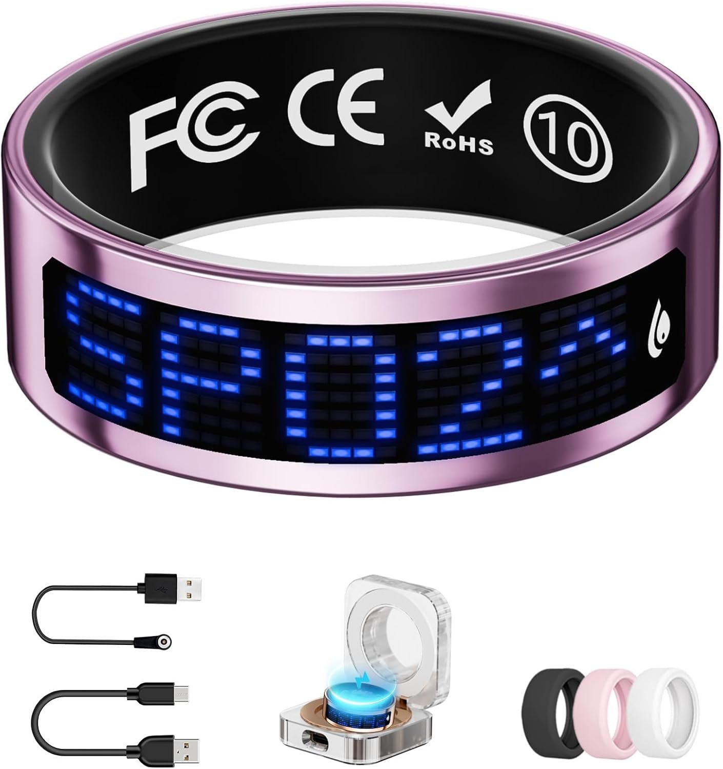 Smart Ring for Women & Men with Display, Health Ring with Heart Rate, Sleep Monitor, IP68 Waterproof Fitness Ring, Fitness Tracker Ring, No APP Fee for iPhone and Android (Pink, 10#)