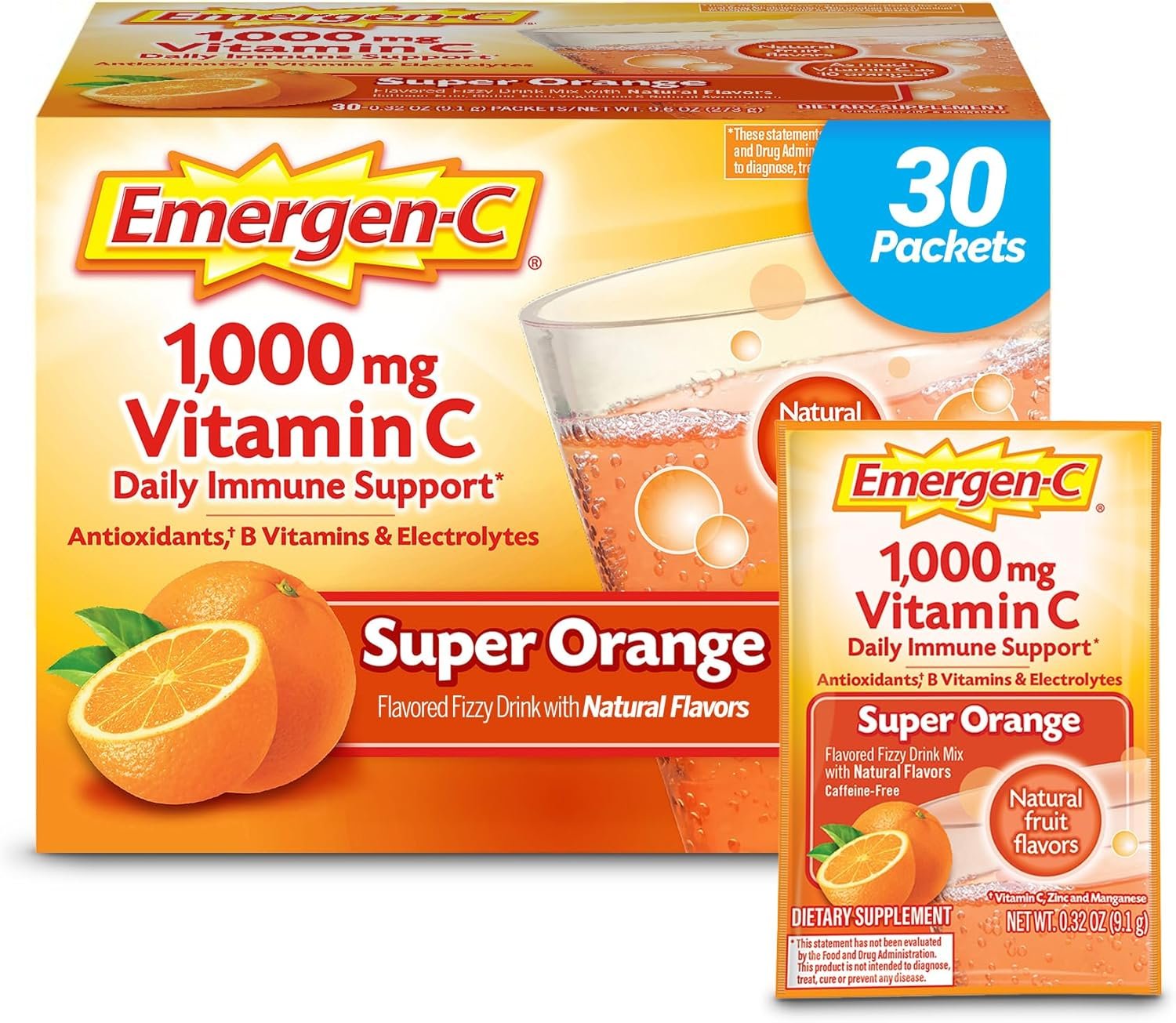 Emergen-C 1000mg Vitamin C Powder for Daily Immune Support Caffeine Free Vitamin C Supplements with Zinc and Manganese, B Vitamins and Electrolytes, Super Orange Flavor – 30 Count