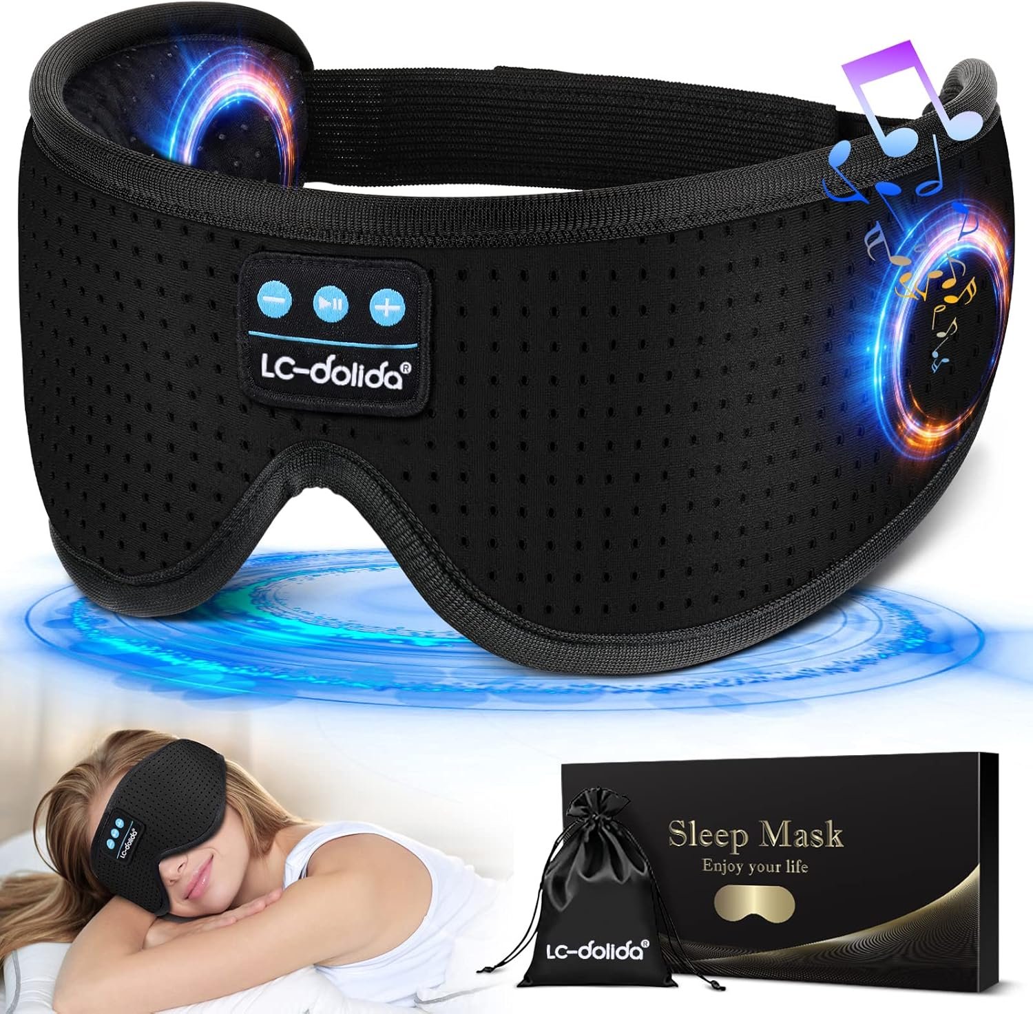 LC-dolida Sleep Headphones, White Noise Bluetooth Sleep Mask 3D Wireless Eye Mask Sleeping with Timing, Sleep Mask with Bluetooth Headphones for Side Sleepers Travel Yoga, Cool Gifts Men Women