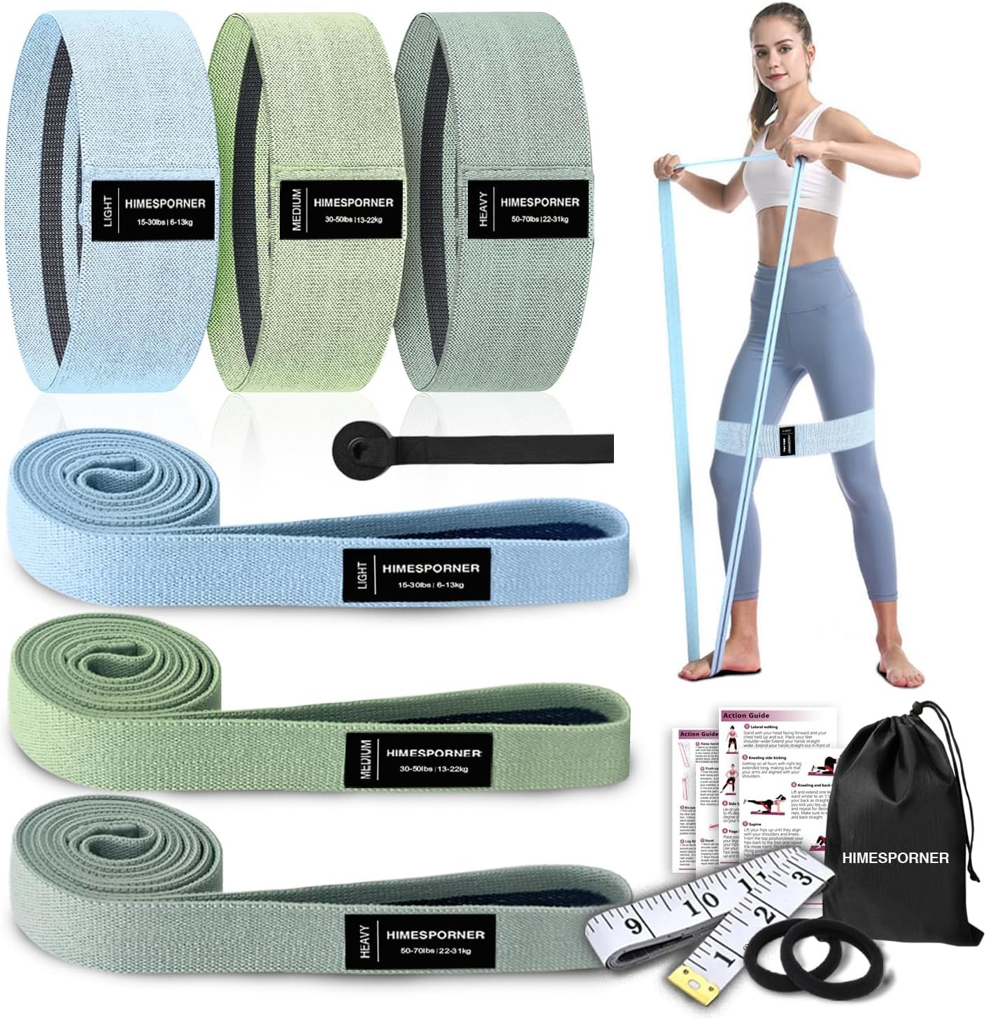 9 PCS Fabric Resistance Bands Set for Working Out, Non-Slip Exercise Booty Bands for Women & Men Leg and Glutes with Hair Ties and Tape Measure – for Home Gym Workout, Yoga, Pilates