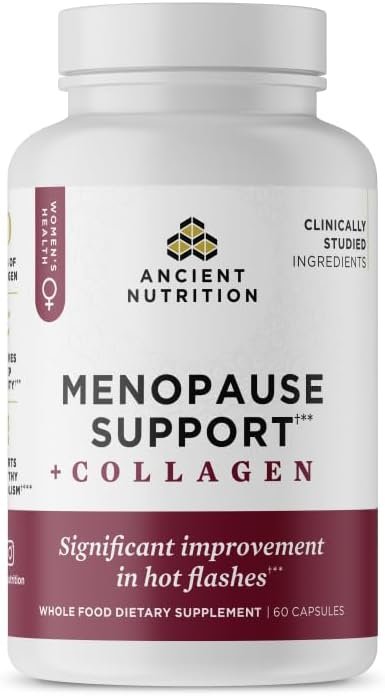 Ancient Nutrition Menopause Support + Collagen Supplement, Hydrolyzed Collagen Peptides, Key Clinically Validated Superfoods, Significant Improvement in Hot Flashes and Sleep Quality, 60 Capsules