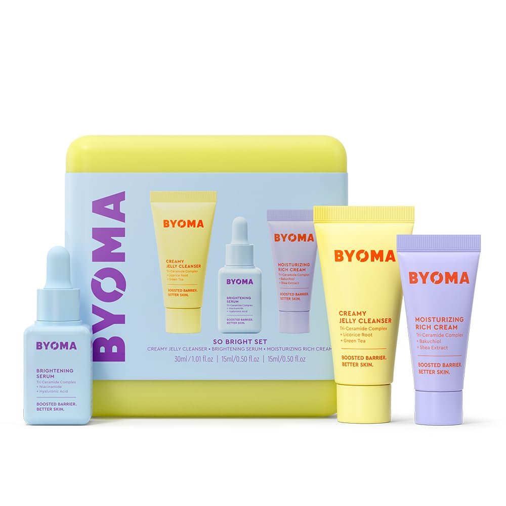 BYOMA So Bright Set – Barrier Repair Skincare Set for Brighter Skin – Creamy Jelly Cleanser, Brightening Face Serum & Ceramide Face Moisturizer – Alcohol Free Skin Care – 30ml, 15ml, 15ml