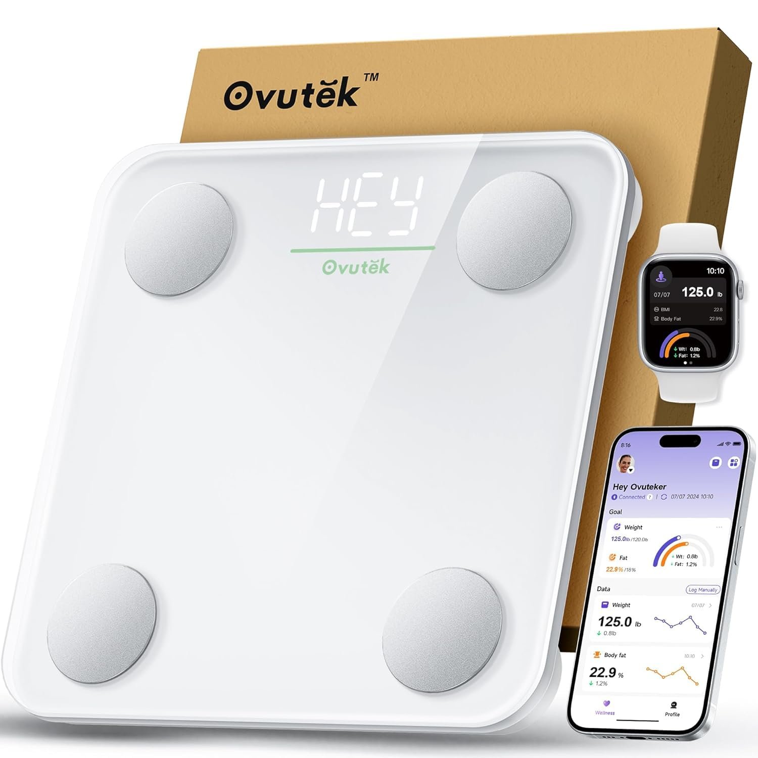 Ovutek Smart Scale for Body Weight, Digital Bathroom Scale BMI Weighing Body Fat Scale, Accurate Body Composition Scale Monitor for People’s Health with Smartphone App, Compact Size, 400lb (White)