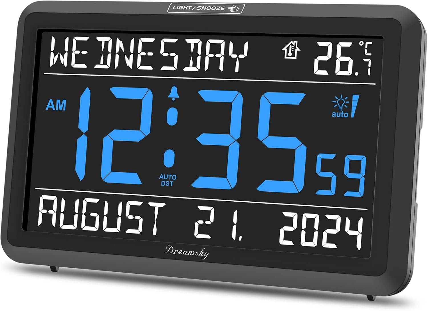 DreamSky Large Digital Clock with Date and Day of Week – Electric Desk Clock for Seniors Elderly, Bedroom Alarm Clock with Battery Backup, Dimmer, USB Port, Auto DST, Temperature, Adjustable Volume