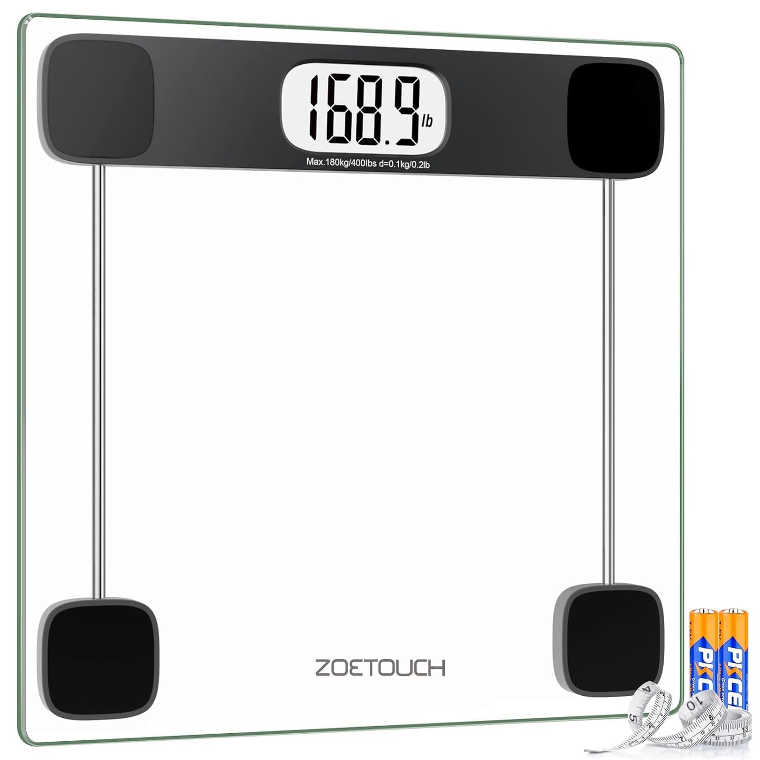 Scale for Body Weight, Accurate Bathroom Scales, Digital Weighing Machine for People, 400lb Capacity, LCD Display, Step-On Technology, Tempered Glass, Measuring Tape Included