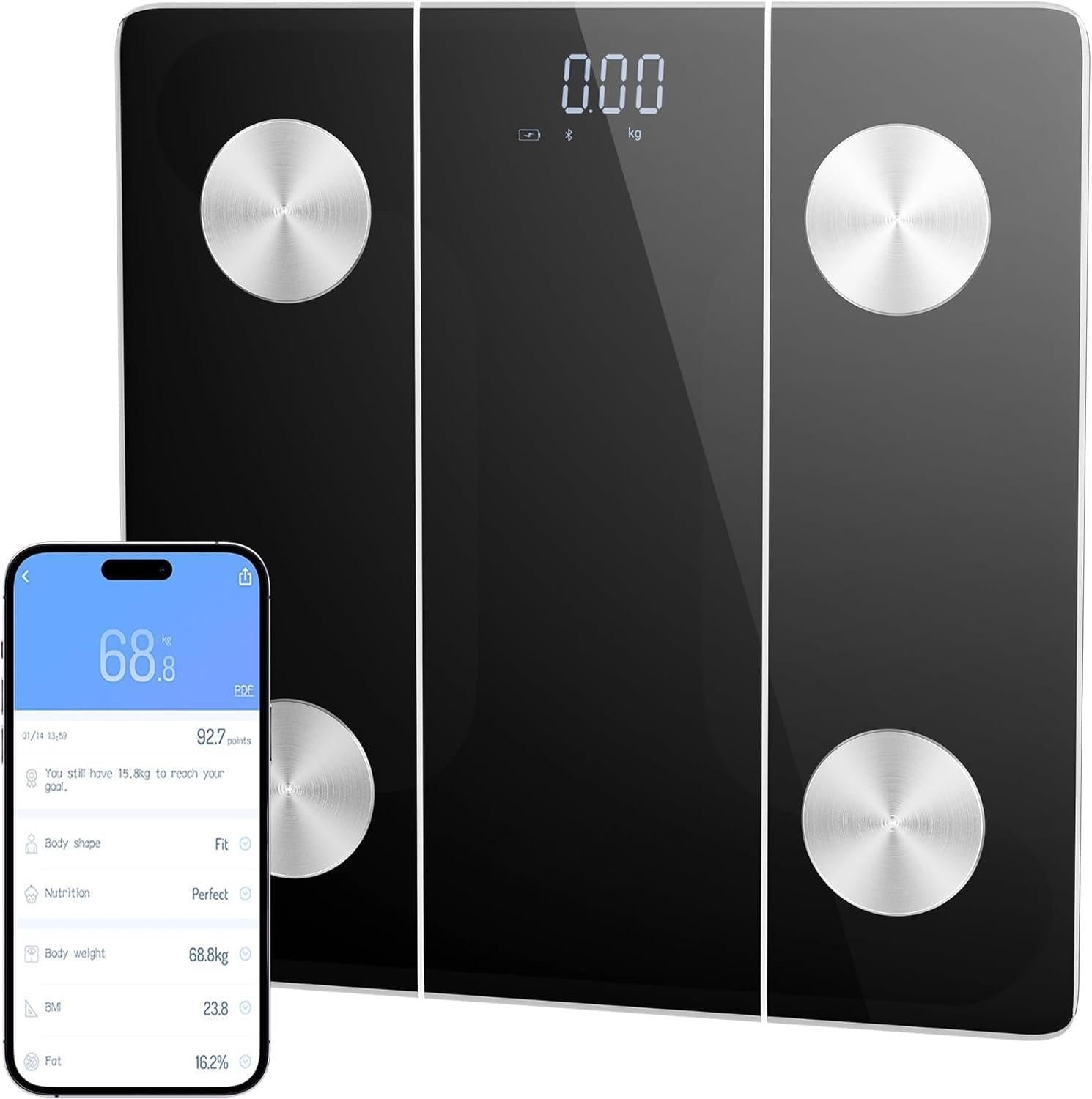Elevon Smart Scale for Body Weight, Digital Bathroom Scale with LED Display, 12 Body Composition Metrics, Body Fat BMI Health Monitor, Bluetooth Sync with Apps, 400lb Capacity, Tempered Glass