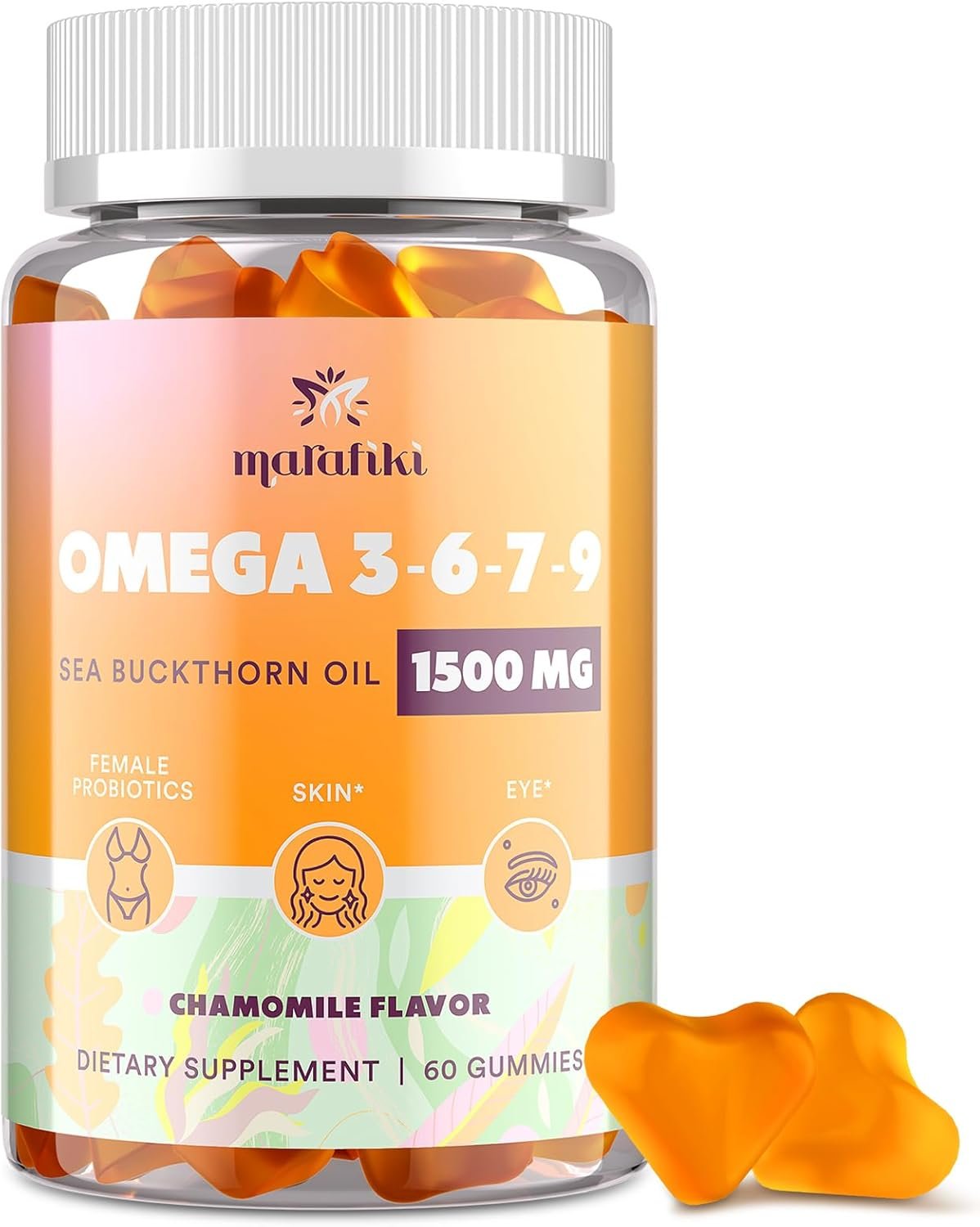 Omega 3 6 7 9 Gummies for Women – Omega 3 Supplement with Sea Buckthorn Oil, Flaxseed Oil, Vitamins E, A & Probiotics – Skin, Eye & Dryness, Chamomile Flavor – 60 Gummies