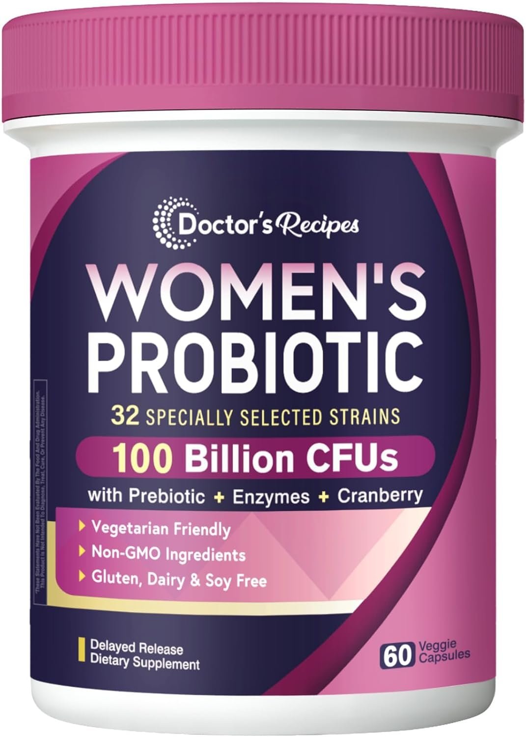 Doctor’s Recipes Probiotics for Women, 100 Billion CFU 32 Strains, with Prebiotic, Enzymes & Cranberry, Shelf Stable, Delayed Release, 60 Caps