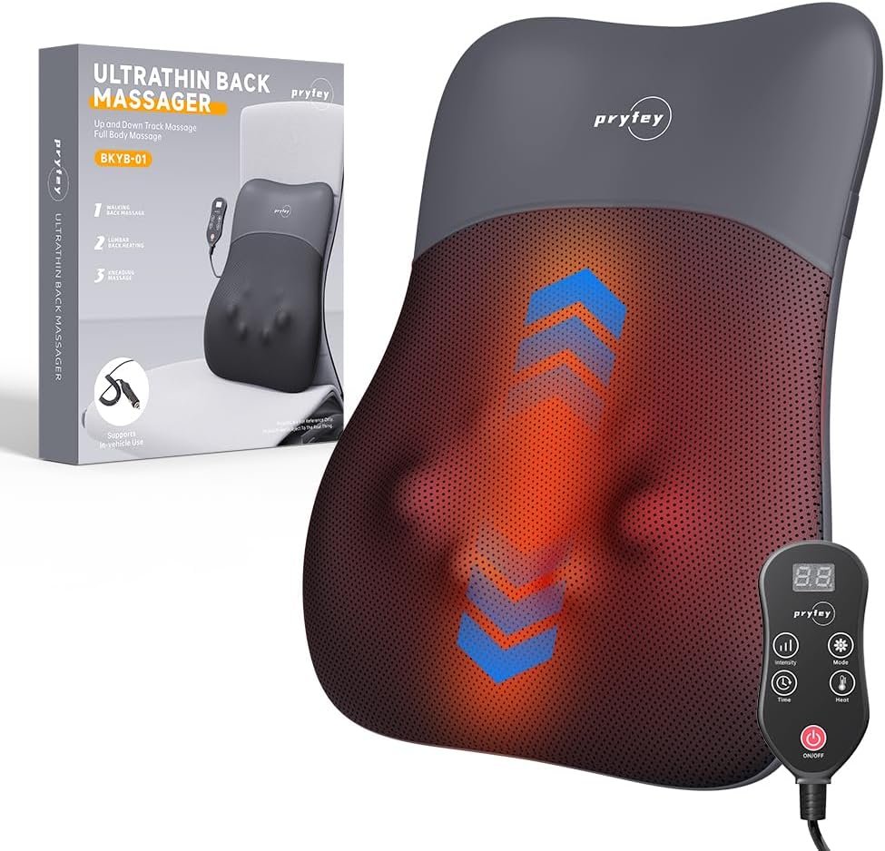 pryfey Back Massager, Rolling Up and Down Back Massager with Heat, Back Massage 4D Kneading for Pain Relief Deep Tissue, Ultrathin Shoulder Massager Gift for Women Men Parents Christmas