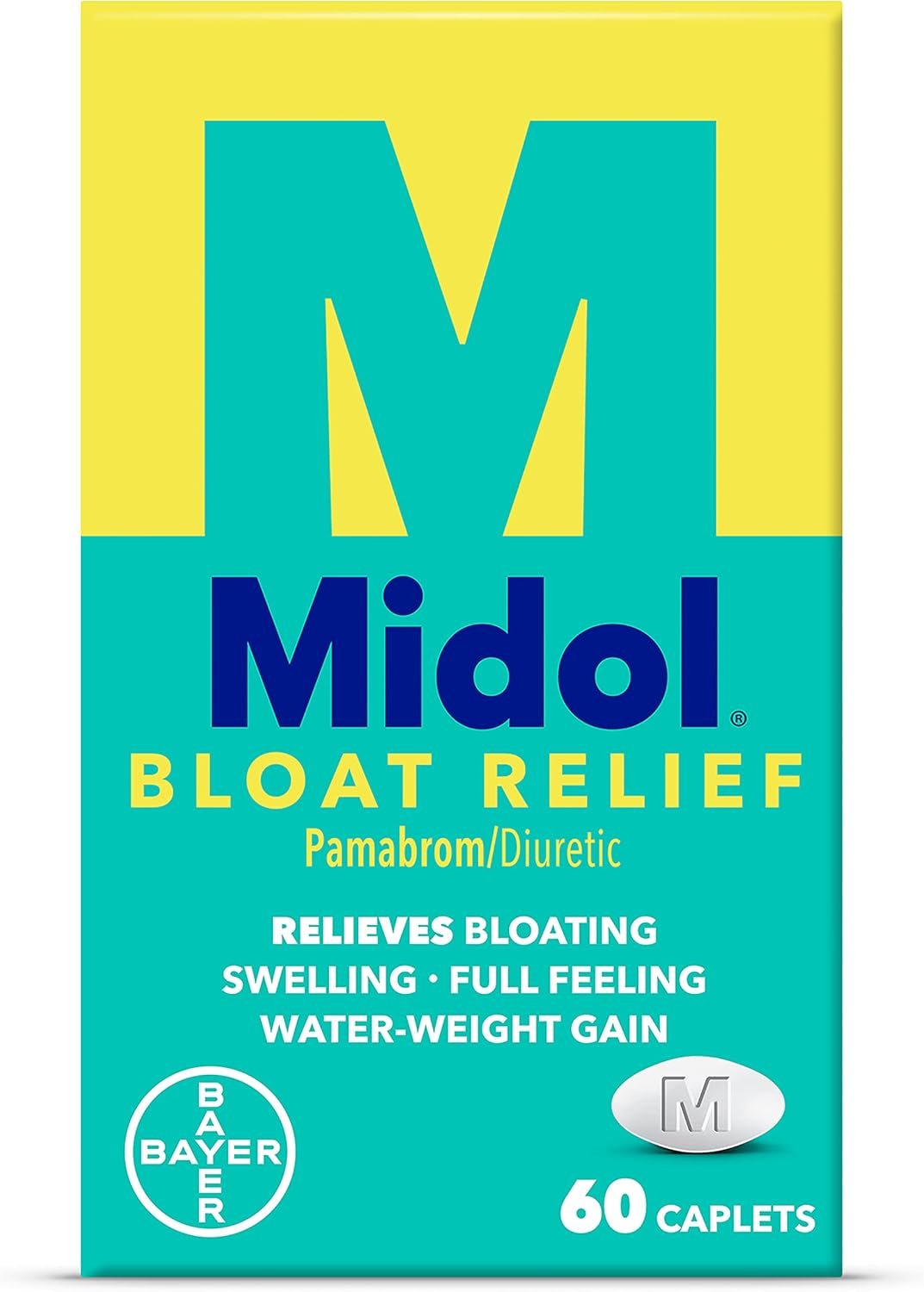 Midol Bloat Relief Caplets with Pamabrom, Relieve Bloating Symptoms Before and During Your Period, Provides Up to 6 Hours of Relief for Women, 60 Count