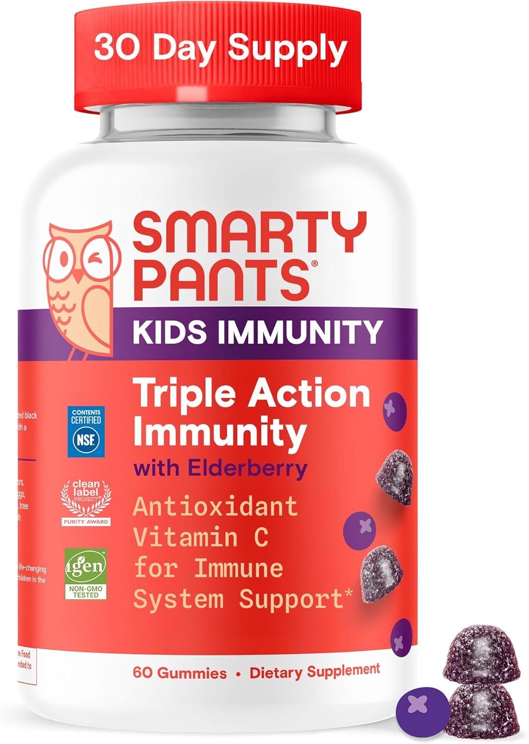SmartyPants Kids Immunity Elderberry Gummies: Kids Immune Support Supplement, Vitamin C, Vitamin D, Vitamins B6 & B12 and Zinc, Gluten Free, Elderberry Flavor, 60 Count (30 Day Supply)