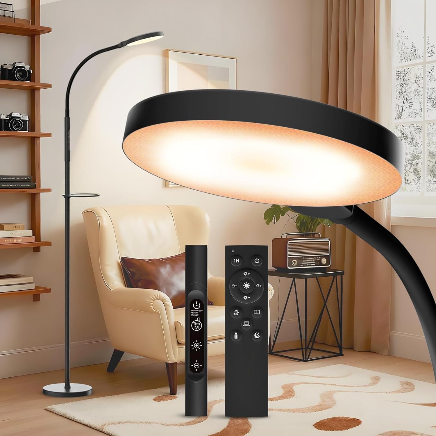 Light Therapy Lamp, 3-in-1 Floor Lamp 11000 Lux, Sunlight Lamp with Remote & Timer, LED UV-Free Sun Lamp with Adjustable 10 Brightness & 5 Color Temperature for Living Room Bedroom Office, Black