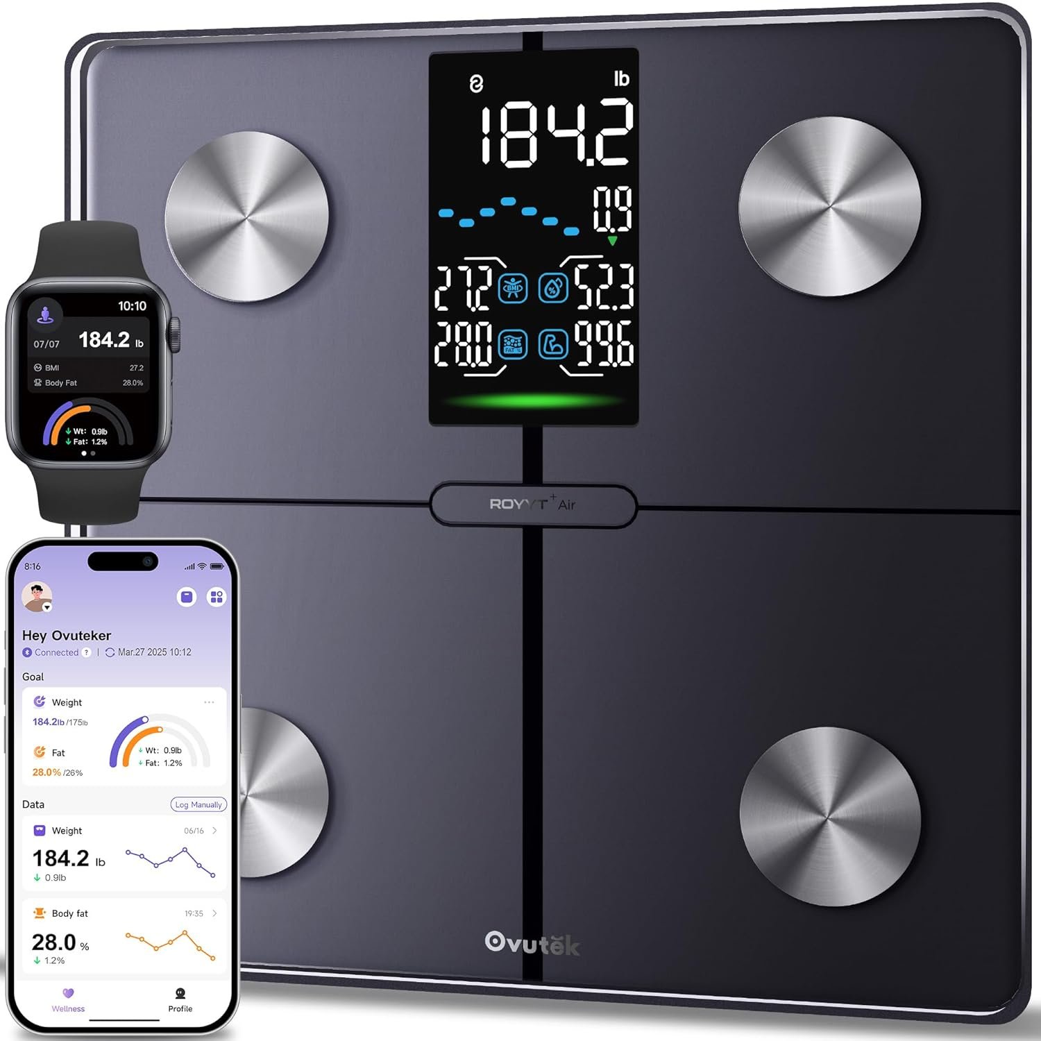 Ovutek Smart Scale for Body Weight, Professional Bathroom Digital Scale with BMI, Body Fat, Muscle Mass, Most Accurate to 0.05lb, Large Display High Accurate Body Composition Machine with Fitness App