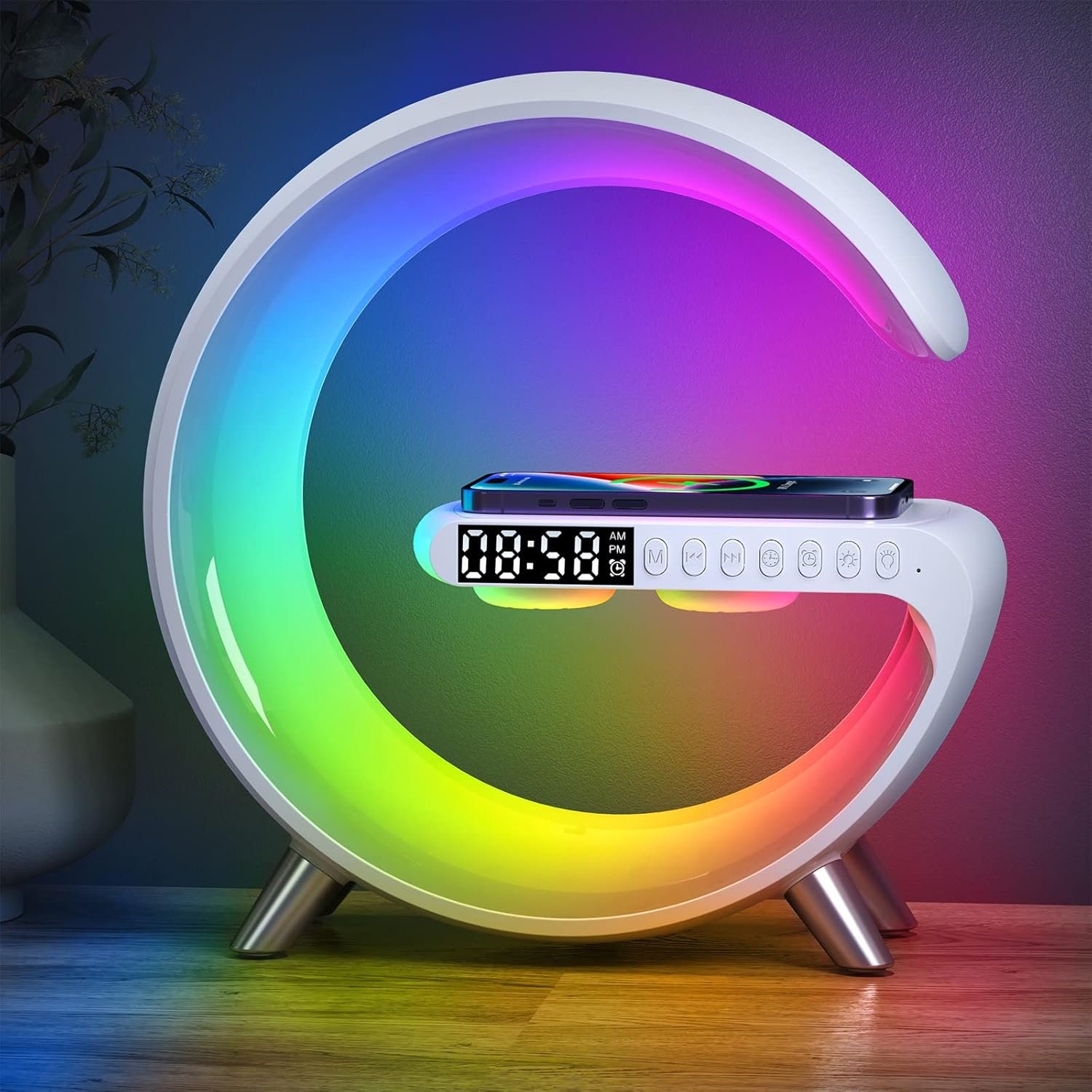 Smart Wireless Charging Alarm Clock with Bluetooth Speaker, App Controlled Bedside Lamp Table Light and Night Light, Bedroom Home Decor, Gift for Girls Boys and Family for Birthday Christmas (White)