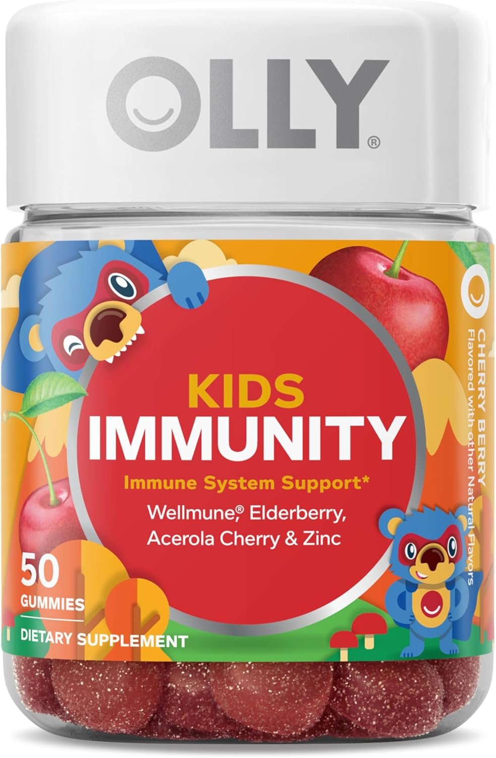 OLLY Kids Immunity Gummy, Immune Support, Wellmune, Elderberry, Vitamin C, Zinc, Chewable Supplement, Cherry – 50 Count