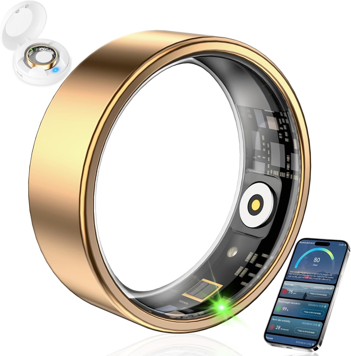 Smart Ring Fitness Tracker for Women & Men, Heart Rate, Blood Oxygen, Blood Pressure, Sleep & Step Monitor, IP68 Waterproof Health Ring, Compatible with iPhone