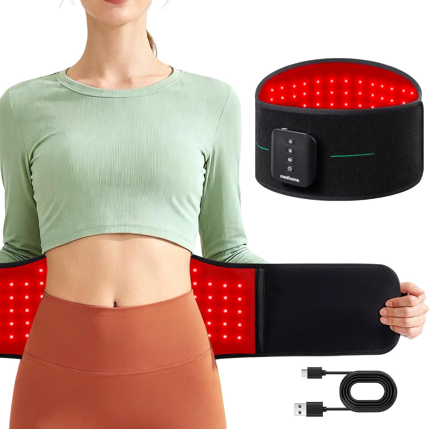 Medisana 3-in-1 Red Light Therapy Belt, Cordless Infrared Red Light Therapy for Body with Multi-Mode Red Light/Pulse/Heat/Vibration – 660nm/850nm for Muscle Pain Relief, Portable for Waist Back Knee