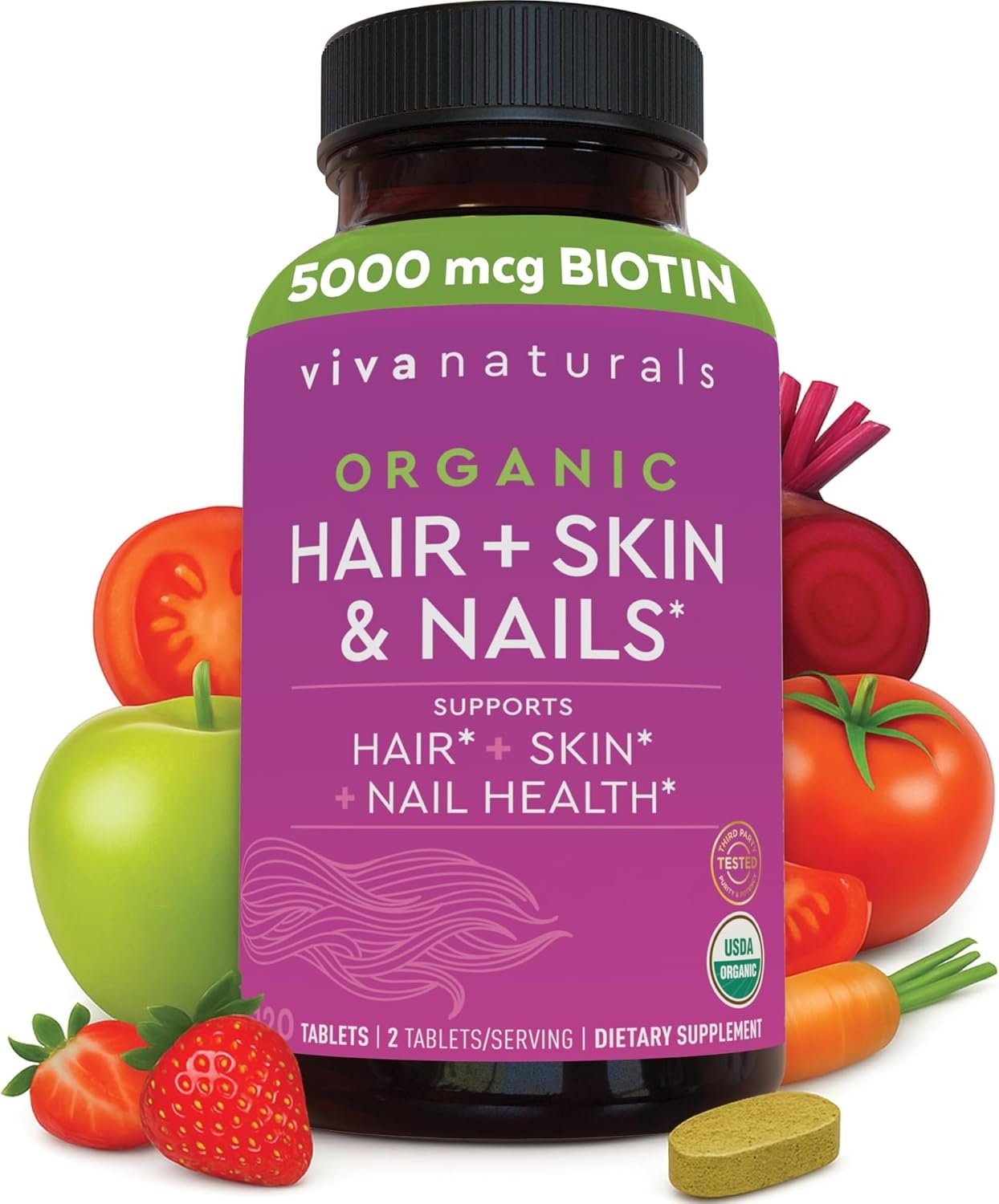 Hair Skin Nails Vitamins for Women – Organic and Vegetarian-Friendly Biotin 5000 mcg Supplement with Vitamin E, B-Vitamins, Spirulina, Horsetail and Superfood Blend to help Produce Keratin – 120 Count