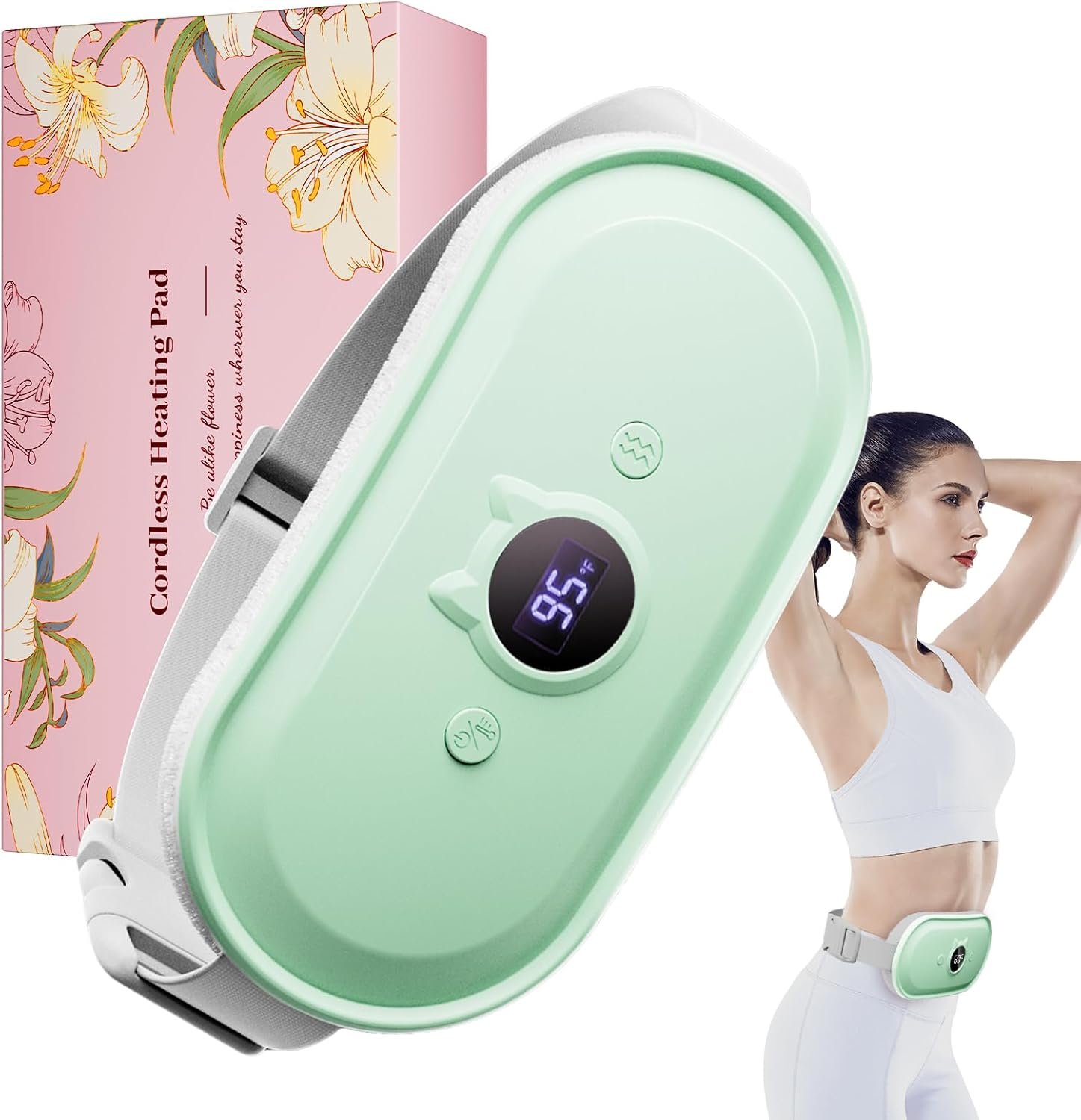 Portable Heating Pad for Period Cramps Relief Vibrating Menstrual Heating Belt for Women, Rechargeable Fast Heat with 7 Heat Levels and 7 Modes for Menstrual, Pain Relief for Back & Stomach – Green