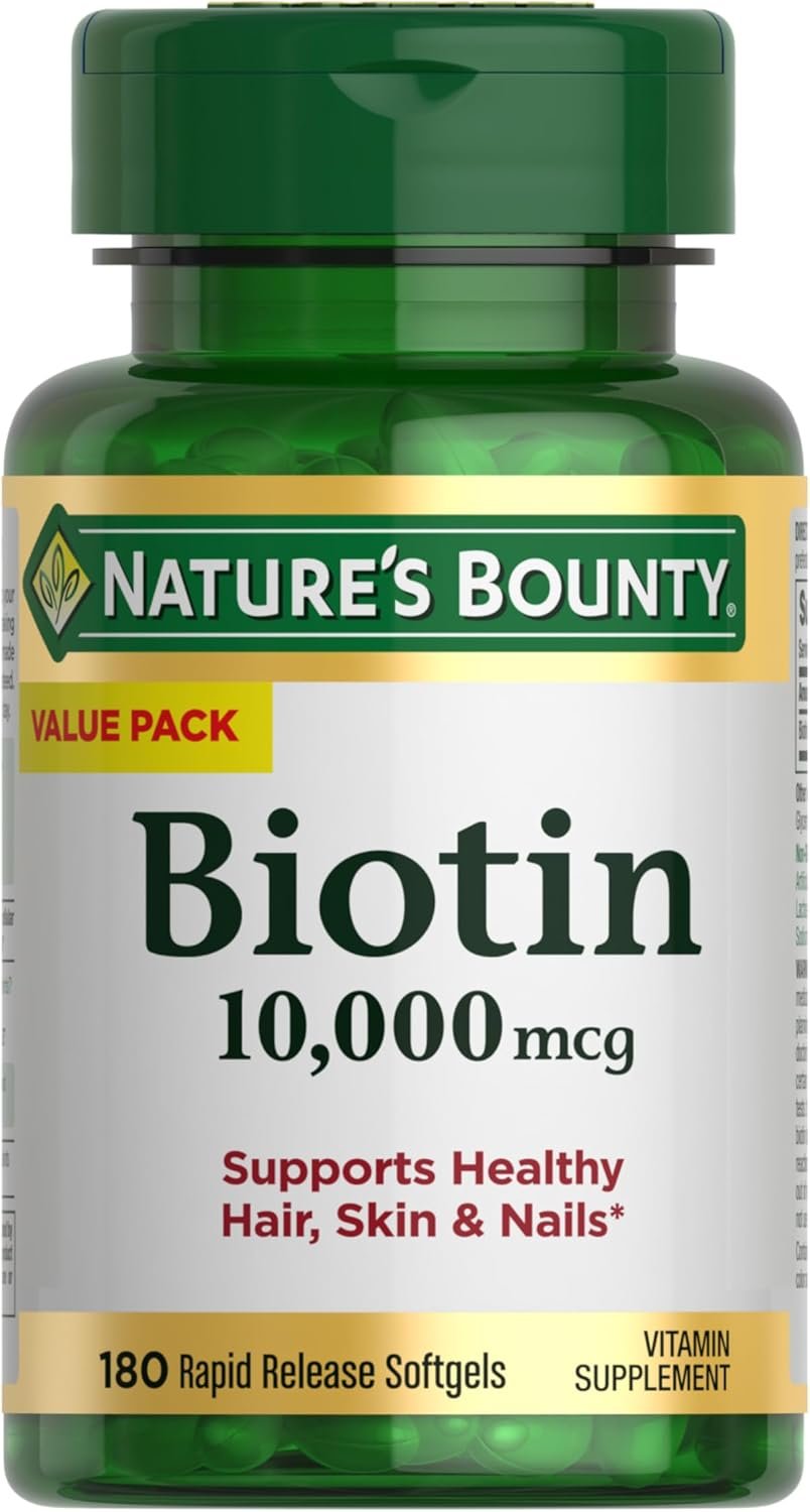 Nature’s Bounty Biotin Hair Skin and Nails Vitamins, Supports Healthy Hair, Skin and Nails, 10,000 mcg, Rapid Release Softgels, 180 Ct