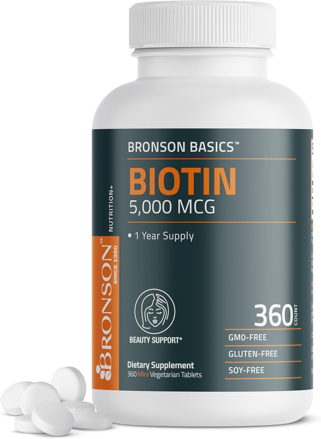 Bronson Biotin 5,000 MCG Supports Healthy Hair, Skin & Nails & Energy Production – High Potency Beauty Support – Non-GMO, 360 Vegetarian Tablets