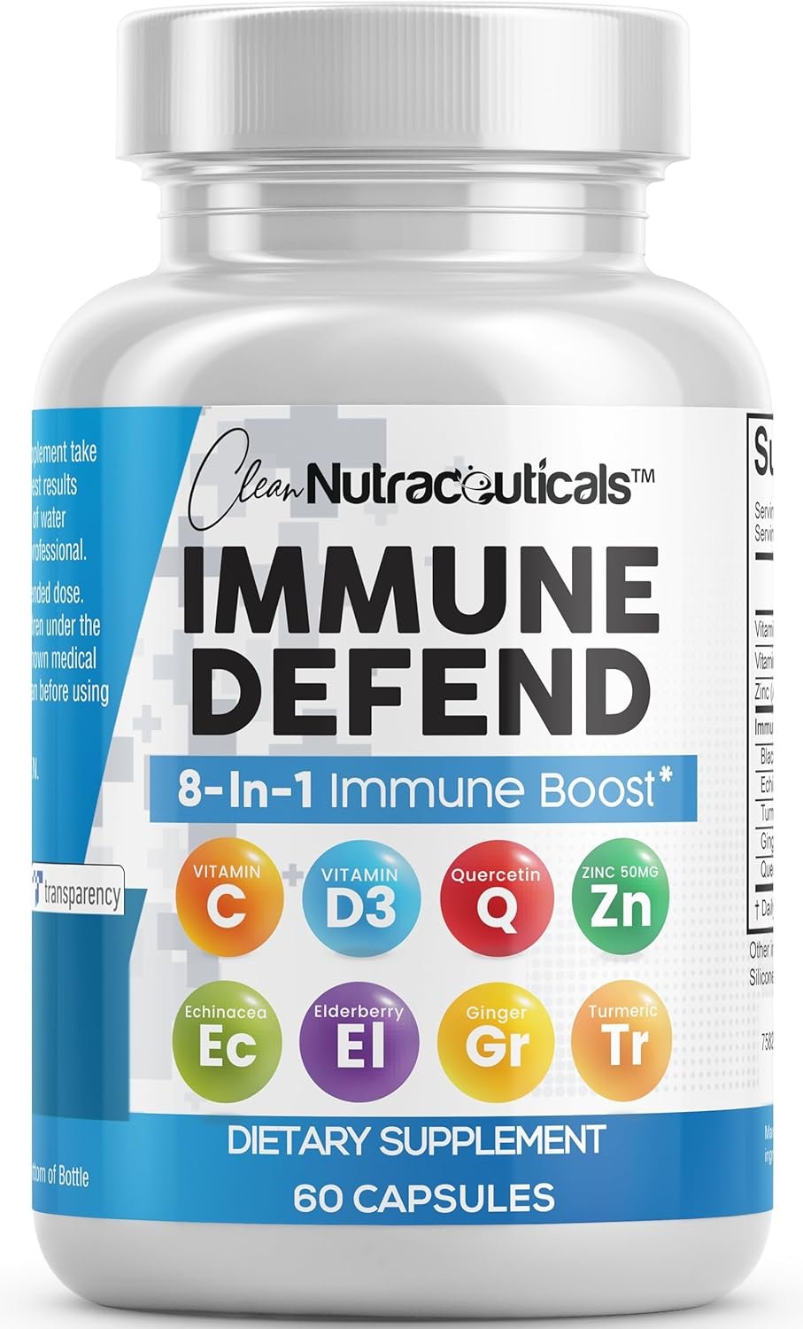 Clean Nutraceuticals Immune Defense Support Supplement 8 in 1 with Zinc 50mg Quercetin, VIT C 1000mg, Vitamin D3 5000 IU, Elderberry, Ginger – Immunity System Booster for Adults, Vegan – 60 Count