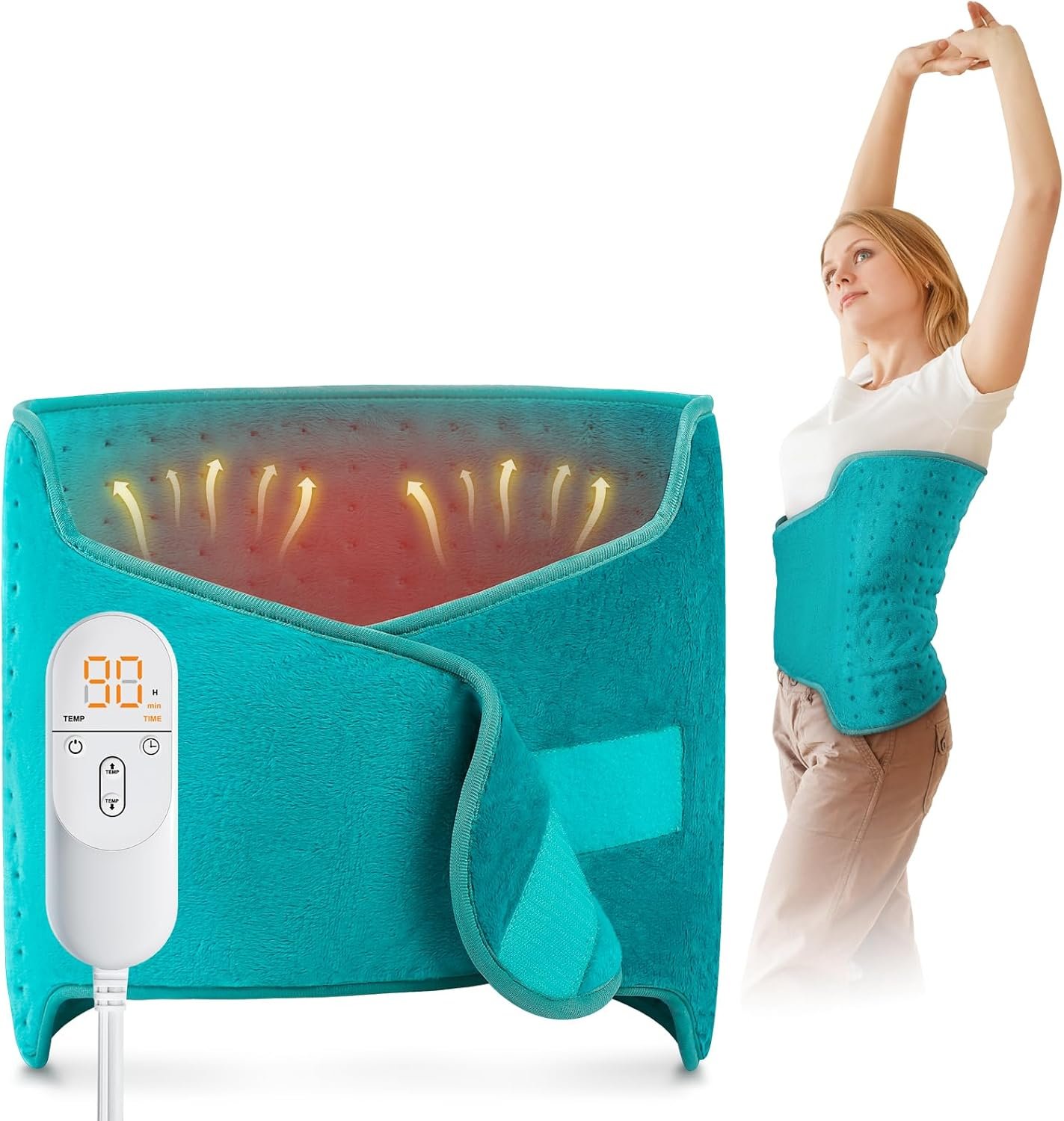 Heating Pad for Back, Heating Pad for Period Cramps/Waist/Shoulders with Belt, Valentines Day Gifts for Her Him, Birthday Gifts for Women Men Mom Dad, 6 Heat Settings, 4 Timers, Auto-Off, Blue Green