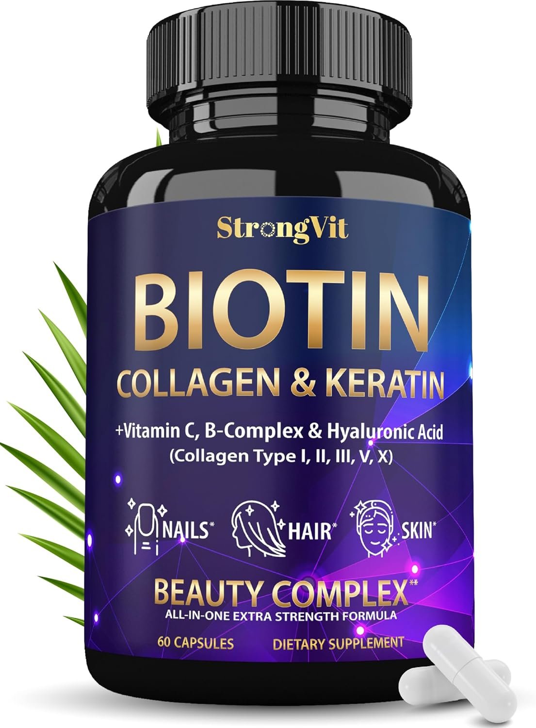 Biotin with Hyaluronic Acid, Keratin, and Collagen Supplements – Hair Growth Vitamins for Women, Healthy Nails and Skin, B1, B2, B3, B6, B7 Complex, USA