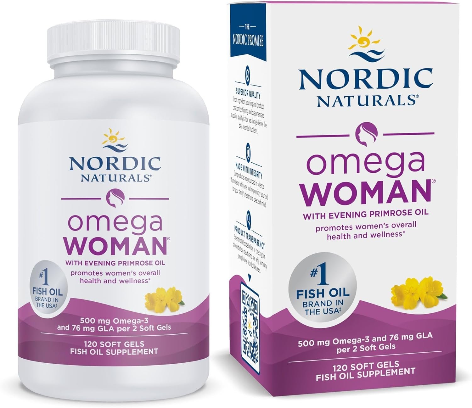 Nordic Naturals Omega Woman, Lemon – 120 Soft Gels – 500 mg Omega-3 + 800 mg Evening Primrose Oil – Healthy Skin & Optimal Wellness – Non-GMO – 60 Servings