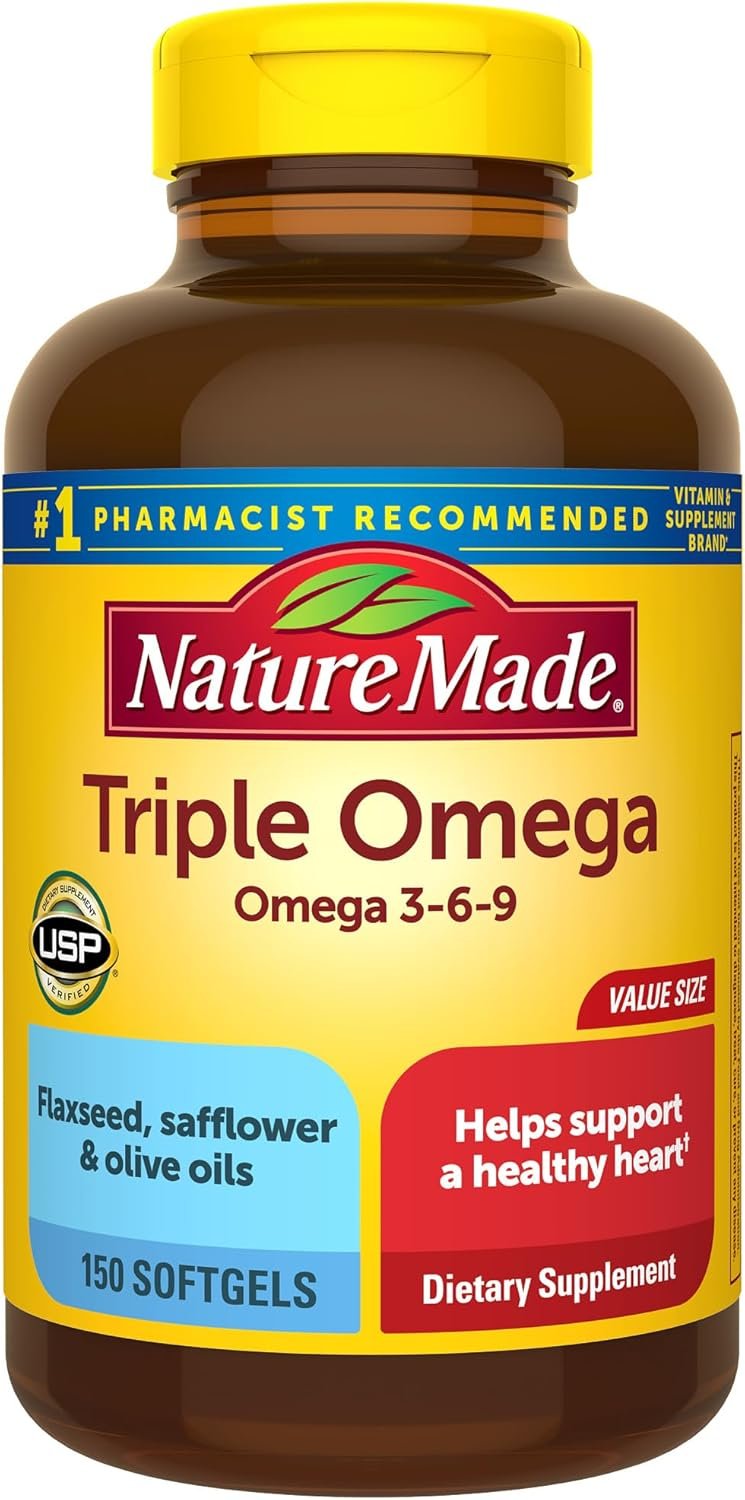 Nature Made Triple Omega 3 6 9 Supplements, Flaxseed, Safflower & Olive Oils, Fish Free Omega 3 Fatty Acid Supplement, 150 Softgels, 75 Day Supply