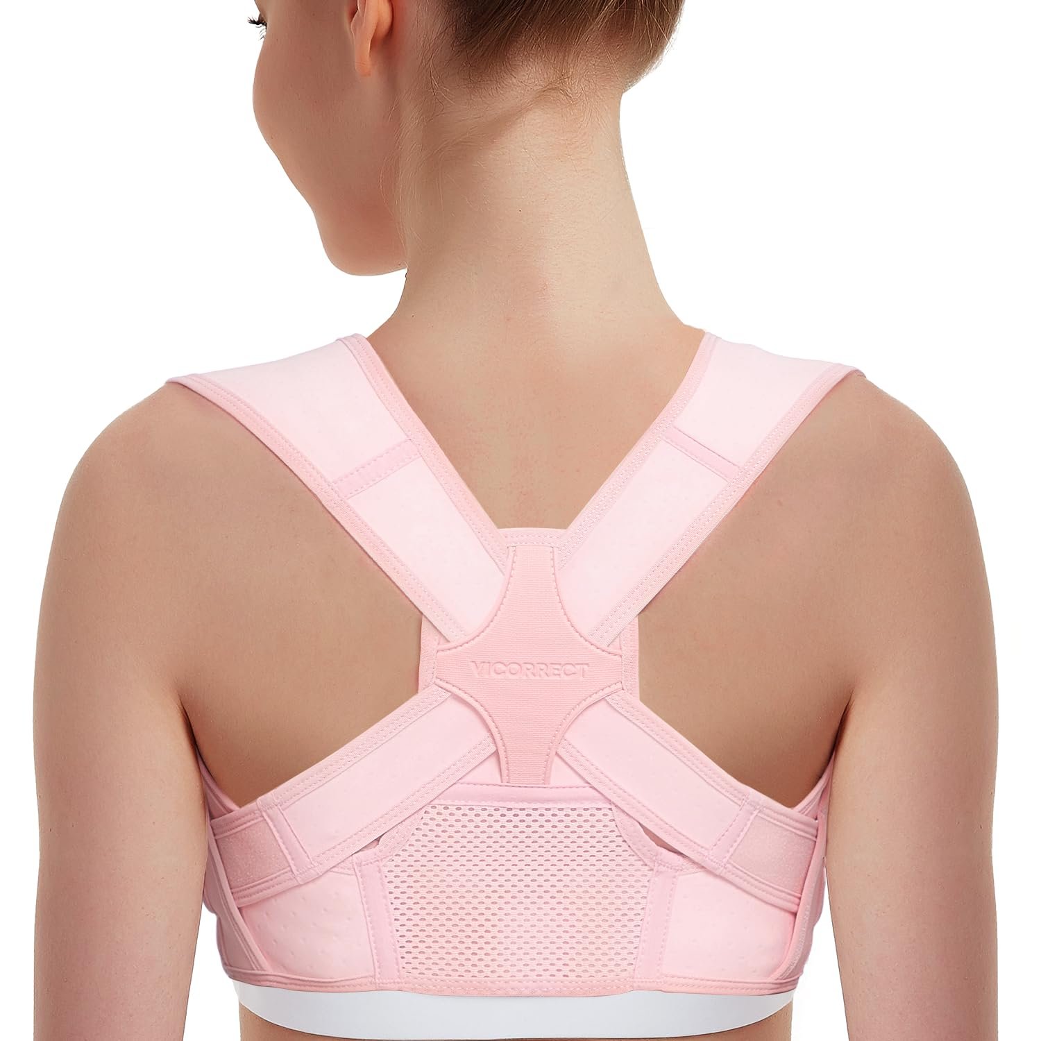 Vicorrect Posture Corrector for Women and Men: Adjustable Brace Straps for Upper Back Pain Relief and Shoulder Support (Pink, M/L)