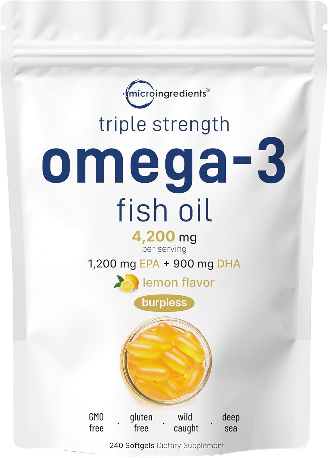 Triple Strength Omega 3 Fish Oil Supplements 4200mg Per Serving, 240 Softgels – Lemon Flavored – Burpless (Enteric-Coated) | EPA 1200mg + DHA 900mg | Deep Sea Fish, Wild Caught from Norwegian Waters