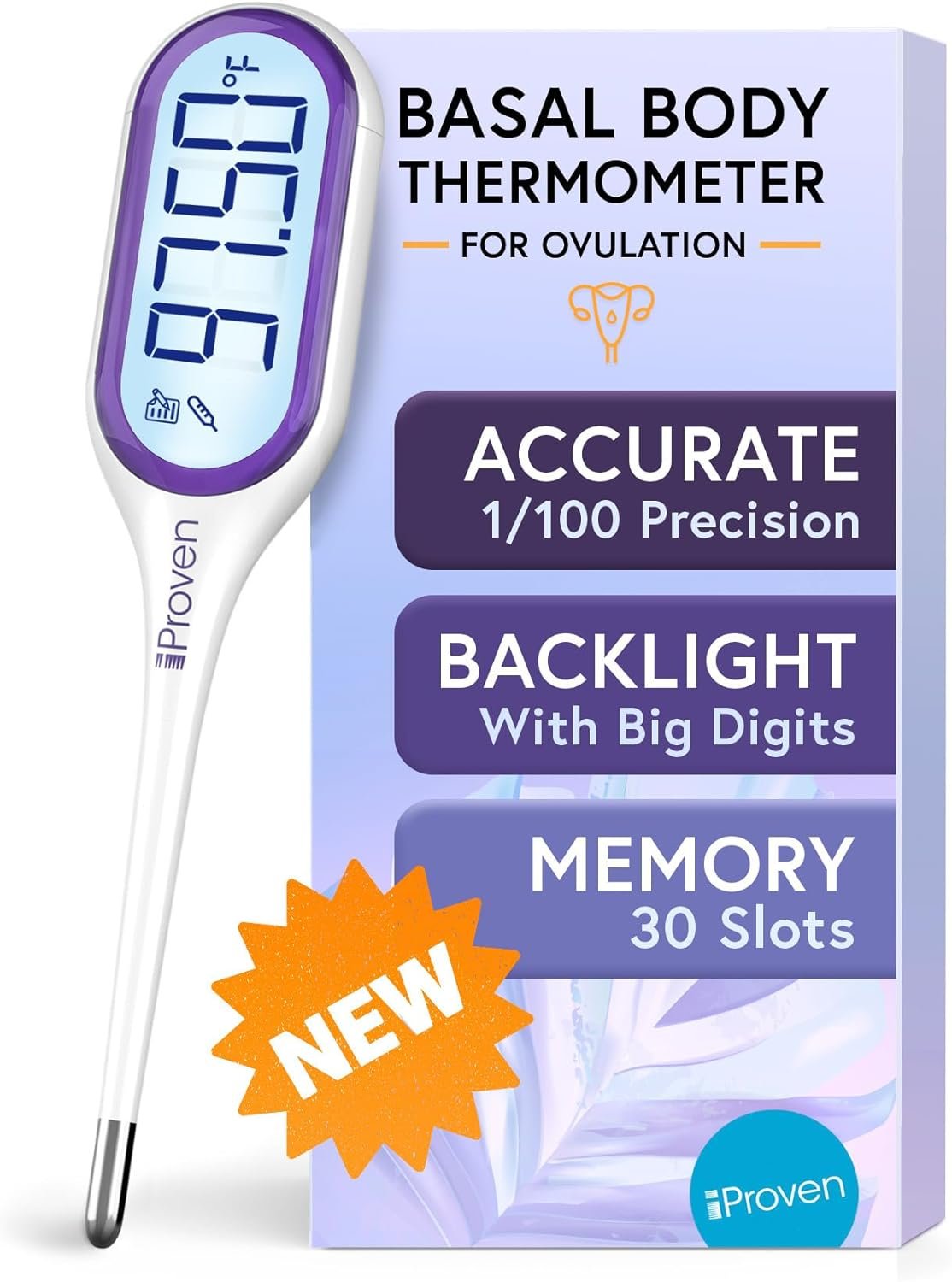 iProven Basal Body Thermometer with Backlight & Big Digits, 1/100 Degree High Precision, BBT for Ovulation Tracking, 30 Memory Recall, Accurate Fertility Temperature Tracker