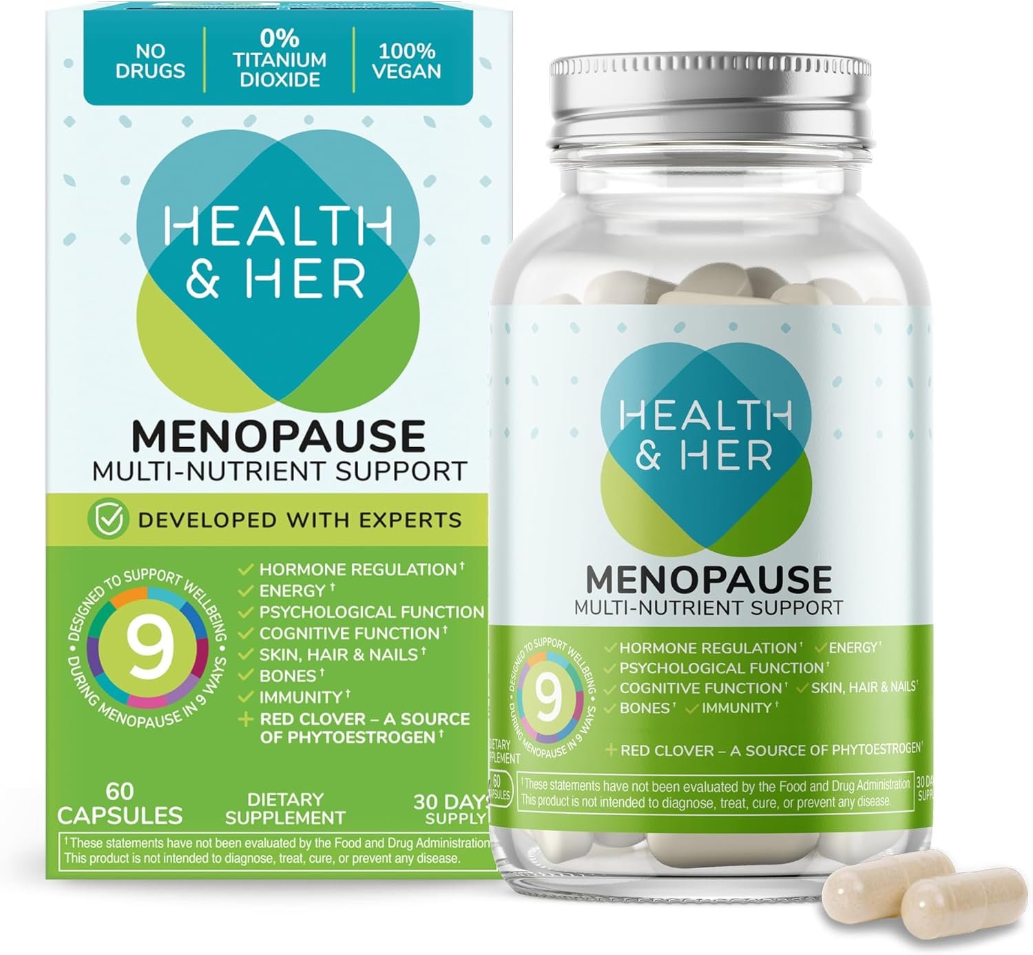 Health & Her Menopause Supplements for Women – Multi-Nutrient Support, Menopause Vitamins for Energy, Bones, Muscles, Skin & Hair, Vegan, Gluten-Free, Non GMO (60ct – 1 Month)
