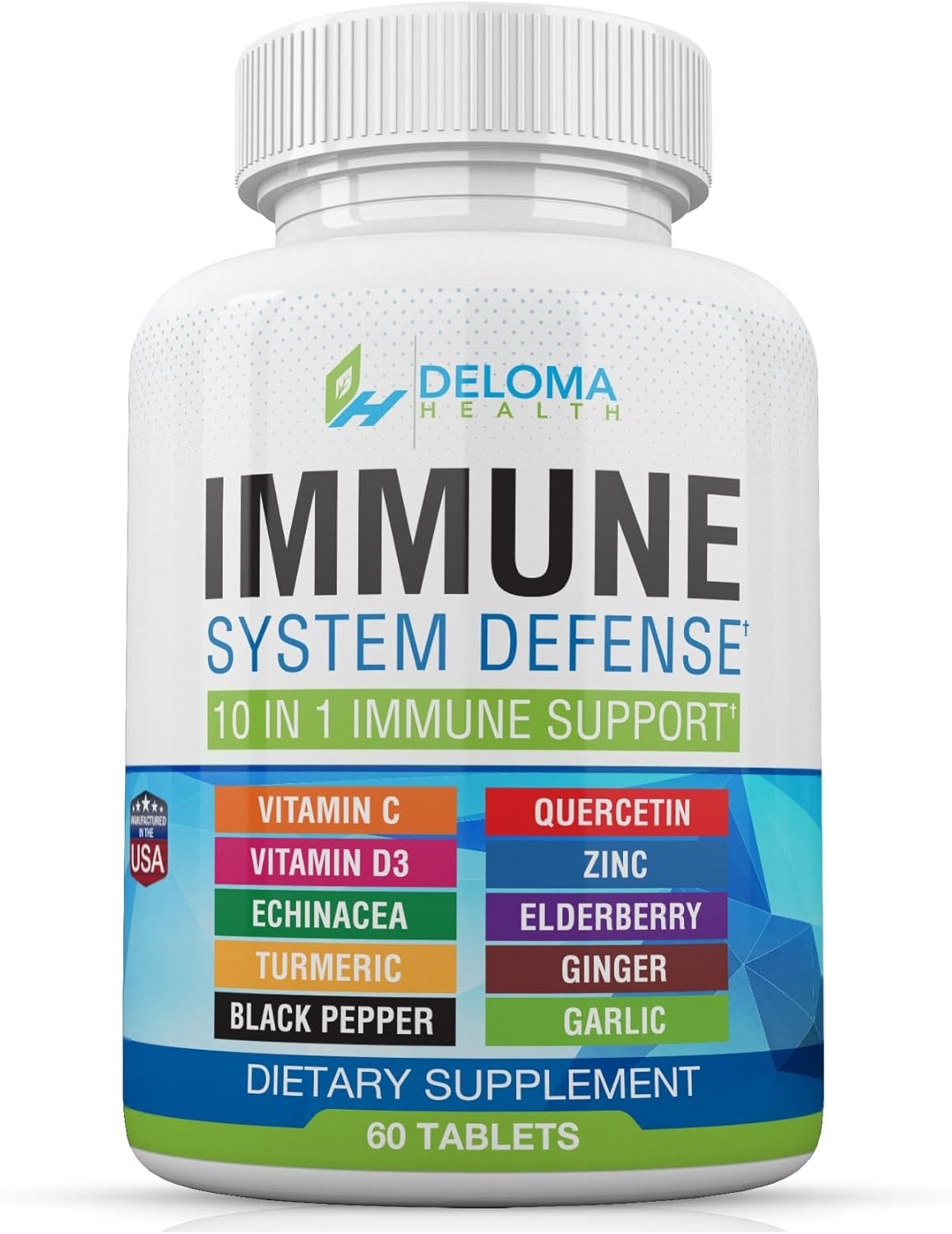 10 in 1 Immune System Support Supplement – Vitamin C (1000 mg), Quercetin, Vitamin D3 (5000iu), Zinc (40 mg), Elderberry, Echinacea, Turmeric, Ginger, Garlic, Black Pepper