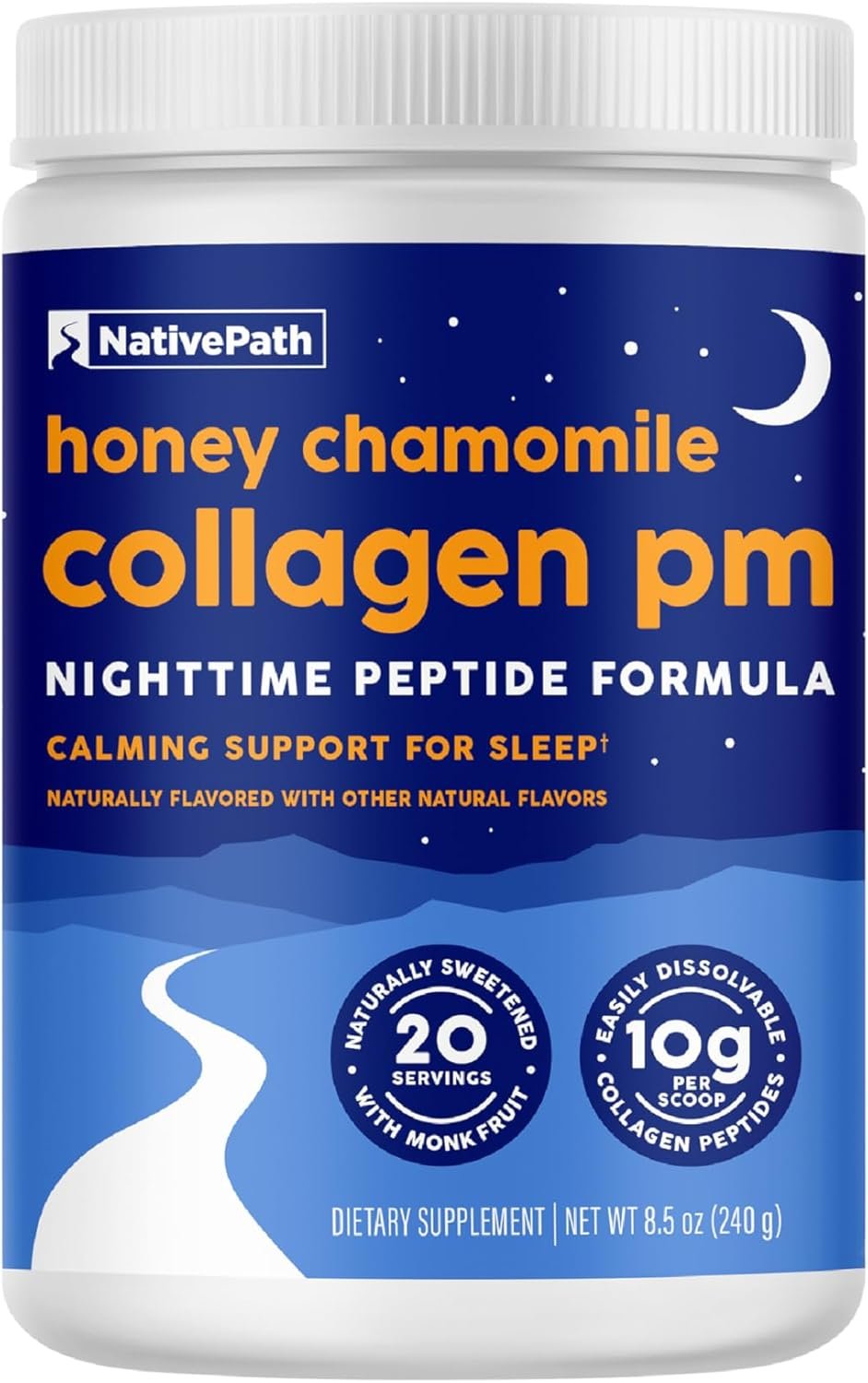 NativePath Collagen PM – Honey Chamomile Nighttime Collagen Peptides Powder with Magnesium, GABA, L-Theanine and Melatonin – 20 Servings