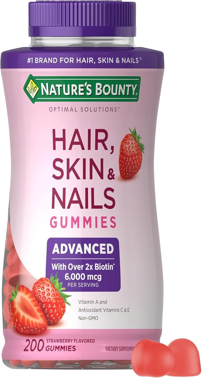 Nature’s Bounty Optimal Solutions Advanced Hair, Skin, Nails, 2X Biotin, 200 Strawberry Gummies