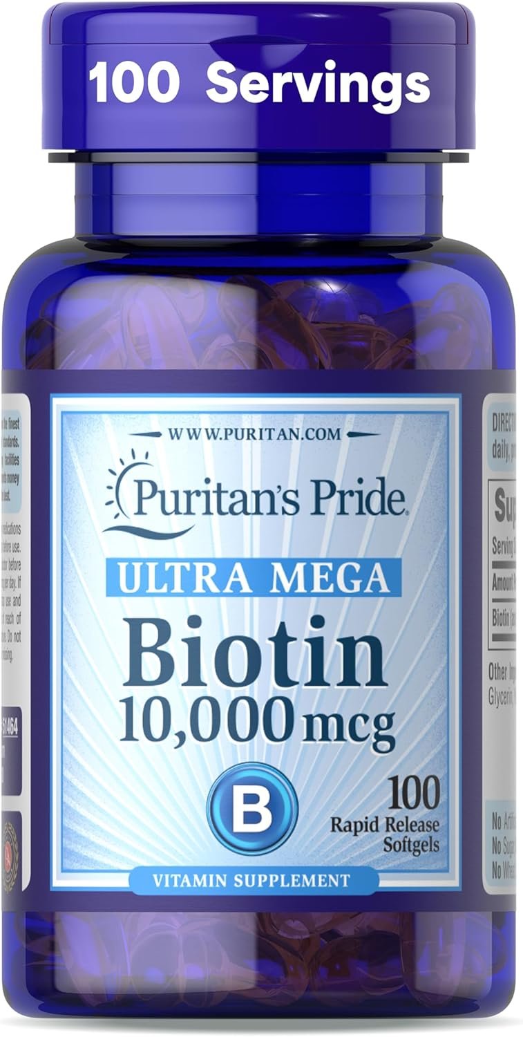 Puritan’s Pride Premium Ultra Mega Biotin 10,000mcg, Dietary Supplement for Healthy Hair, Skin, Nails, and Energy Metabolism Support, 100 Day Supply, 100 Rapid Release Softgels