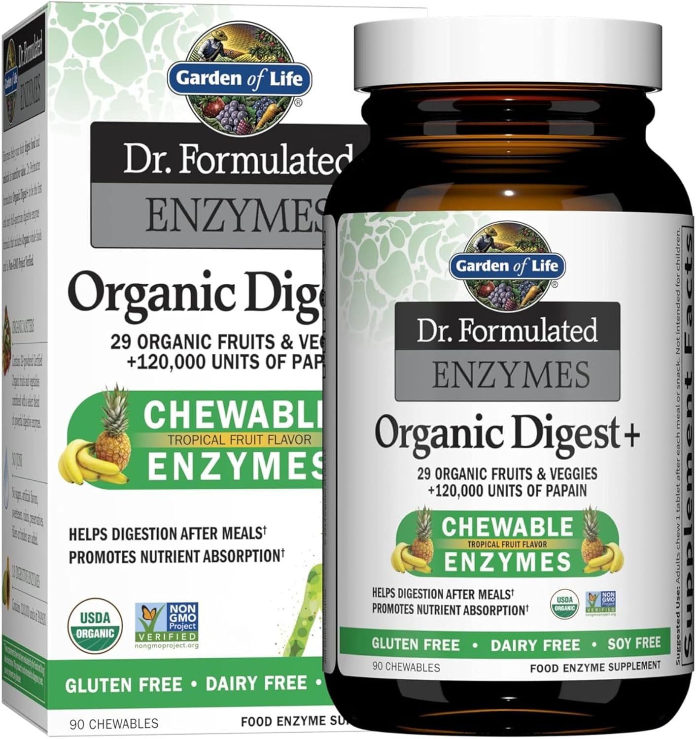 Garden of Life Dr Formulated Digestive Enzymes with Papain, Bromelain, Lipase for Digestion & Nutrient Absorption – Organic Digest+ – Vegan, Gluten-Free, Non-GMO, Tropical Fruit Flavor, 90 Chewables