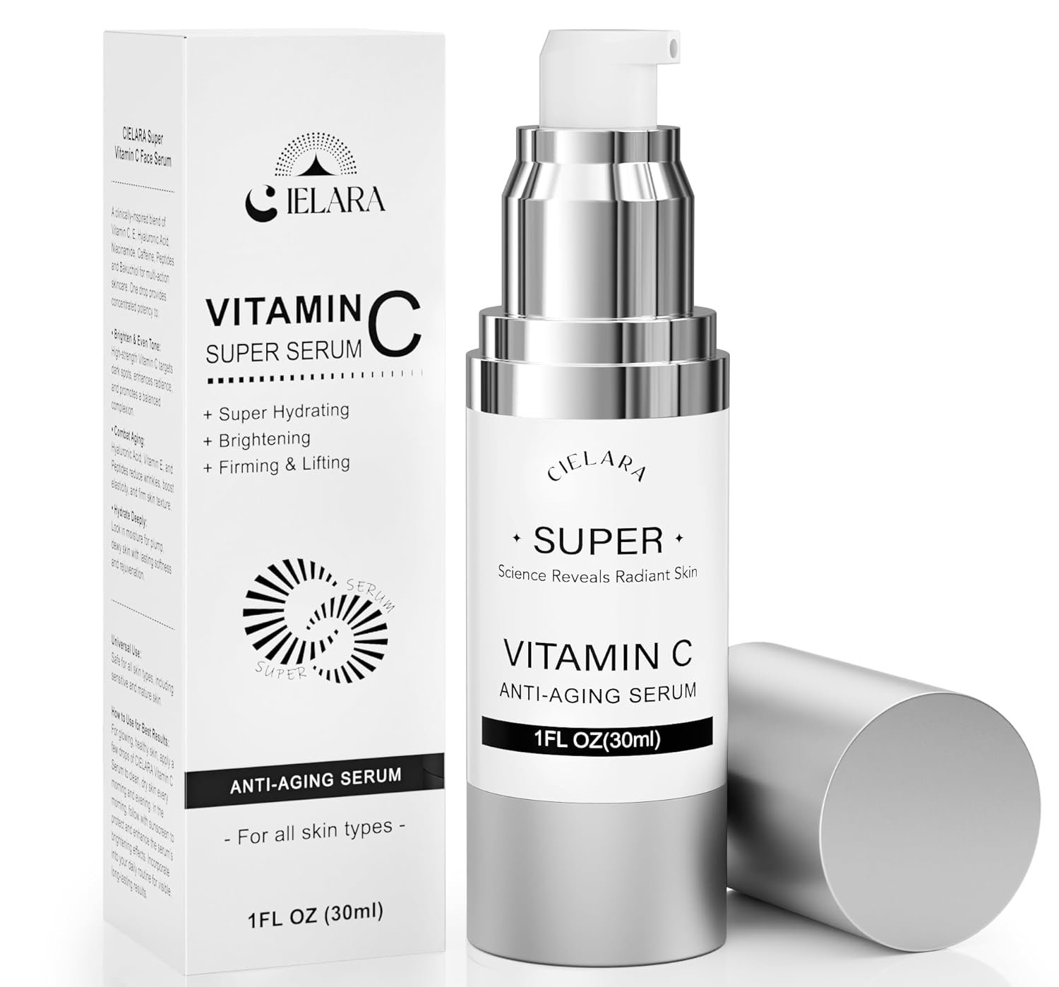 CIELARA Super Vitamin C Serum, 20% Vit C Anti Aging & Wrinkle Retinol Face Serum With Hyaluronic Acid, Vitamin E, Caffeine, Peptides For Women Face Fine Lines Wrinkle Brightening – 1 Fl Oz