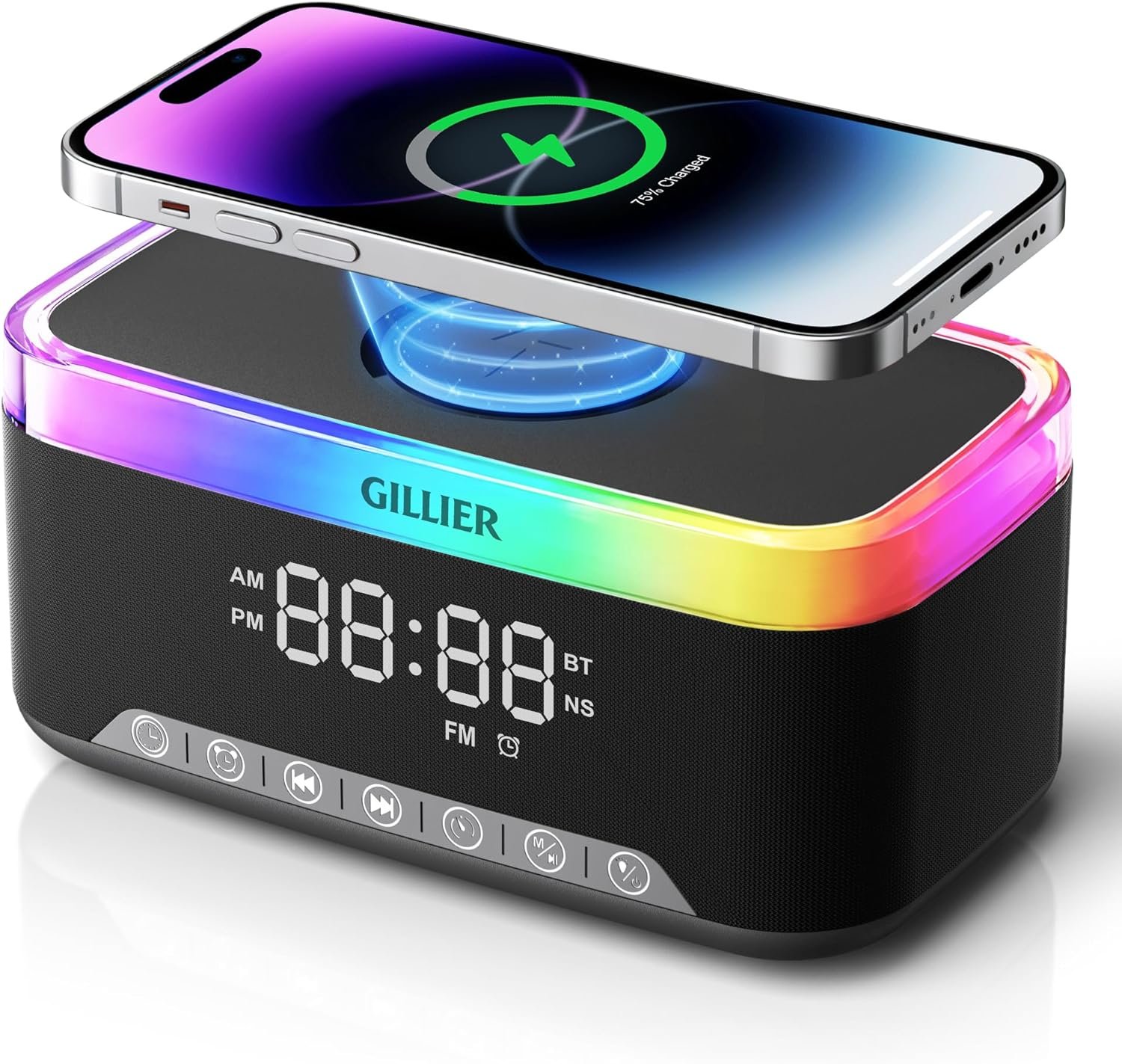 Wireless Charging Alarm Clock Radio for Bedrooms – 15W Fast Wireless Charger Station for iPhone/Samsung, Bluetooth Stereo Speaker with FM Radio, Dimmable Display, USB Port, Sleep Timer, Black