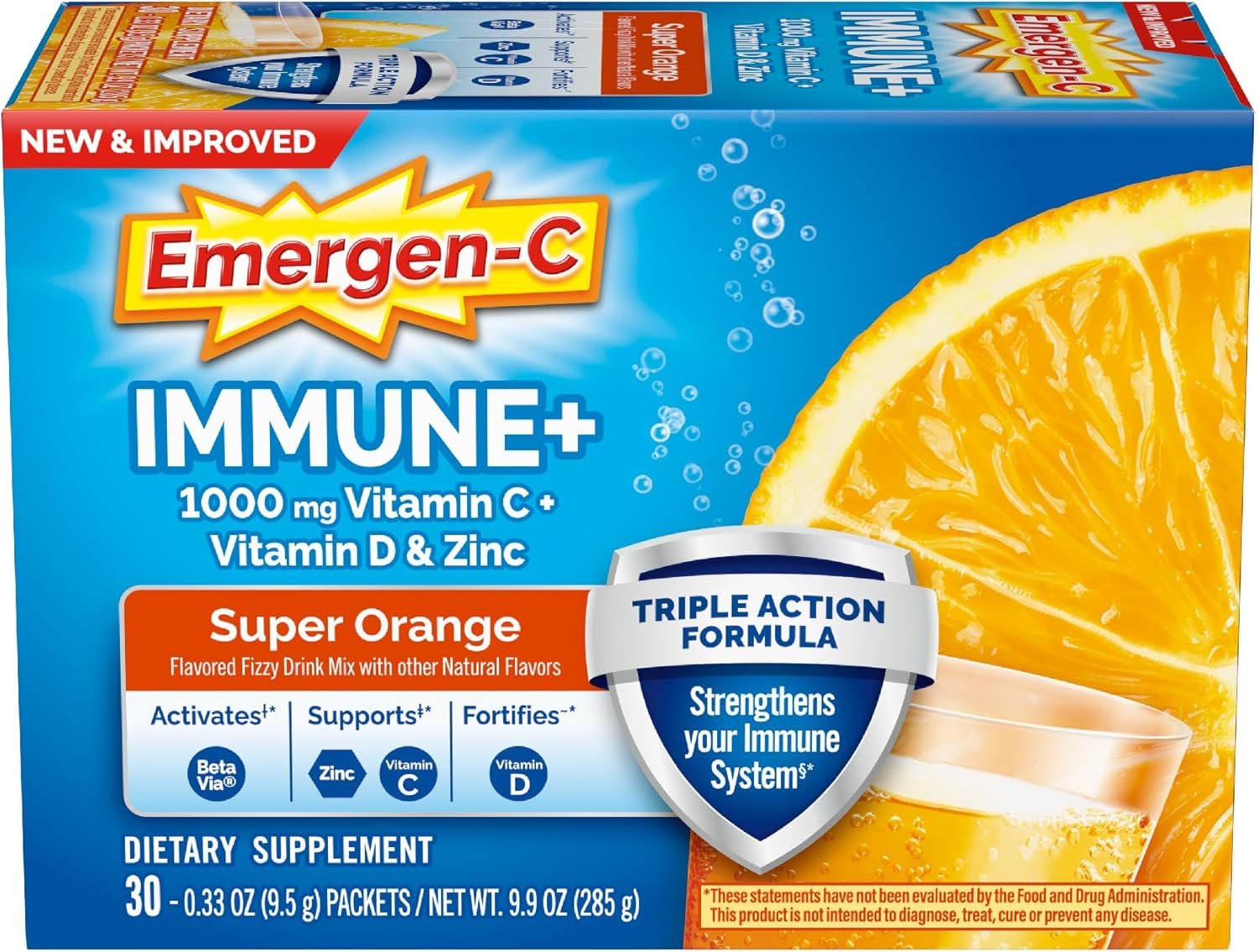 Emergen-C Immune+ Triple Action Immune Support Powder, BetaVia (R), 1000mg Vitamin C, B Vitamins, Vitamin D and Antioxidants, Super Orange – 30 Count