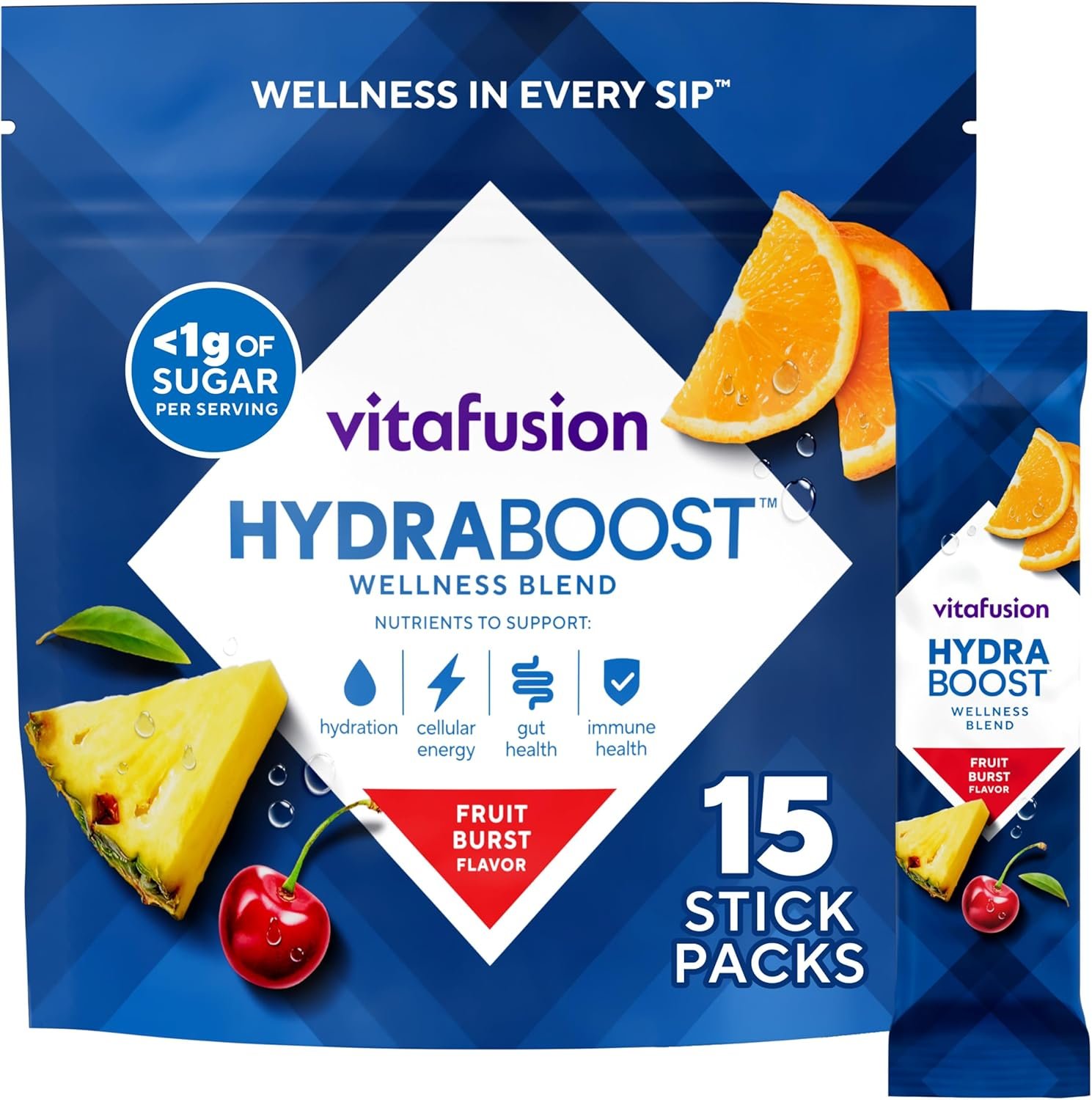 Vitafusion Hydraboost Drink Powder Packets, Electrolytes Support Daily Hydration, Vitamins Support Cellular Energy & Immune Health, Prebiotic Fiber Supports Gut Health, Fruit Burst, 15 Sticks