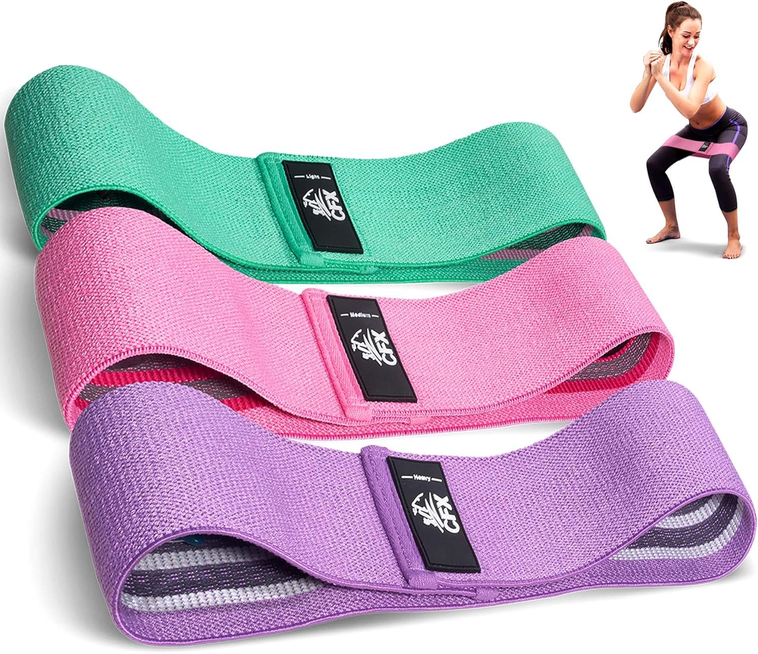 CFX Resistance Bands Set, Exercise Bands with Non-Slip Design for HIPS & Glutes, 3 Levels Workout Bands for Women and Men, Booty Bands for Home Fitness, Yoga, Pilates