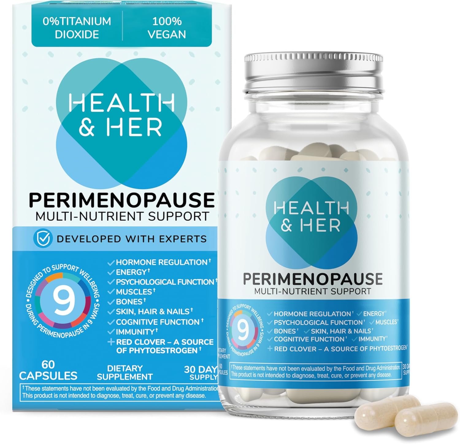 Health & Her Perimenopause Supplement for Women – The UK’s No.1 Perimenopause Supplement – Multi-Nutrient Wellbeing Support for Early Stage of Menopause, Vegan, Gluten-Free, Non GMO (60 ct – 1 Month)