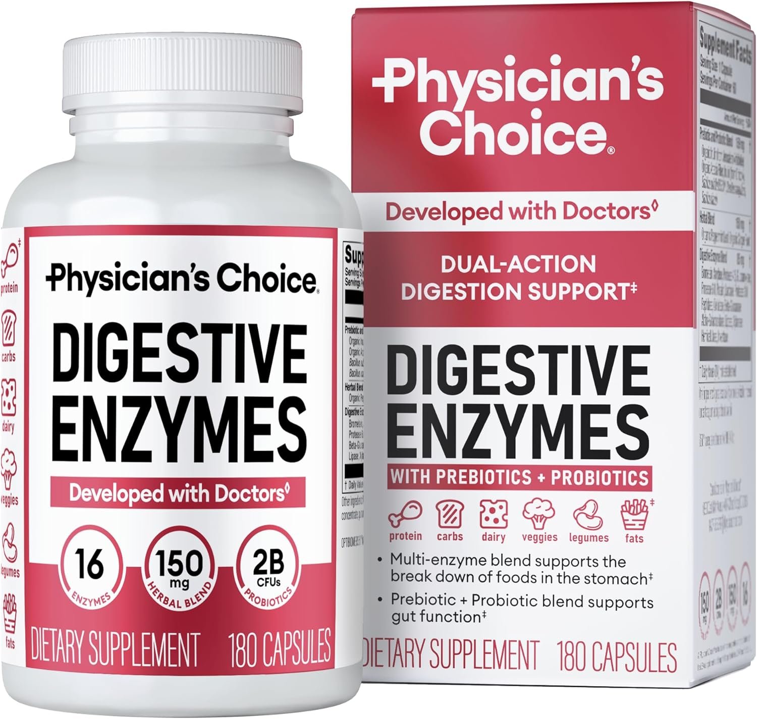 Physician’s CHOICE Digestive Enzymes for Bloating & Digestion – 16 Enzymes with Organic Prebiotics & Probiotics for Gut & Digestive Health – Meal Time Discomfort Relief – Dual Action Support – 180 CT