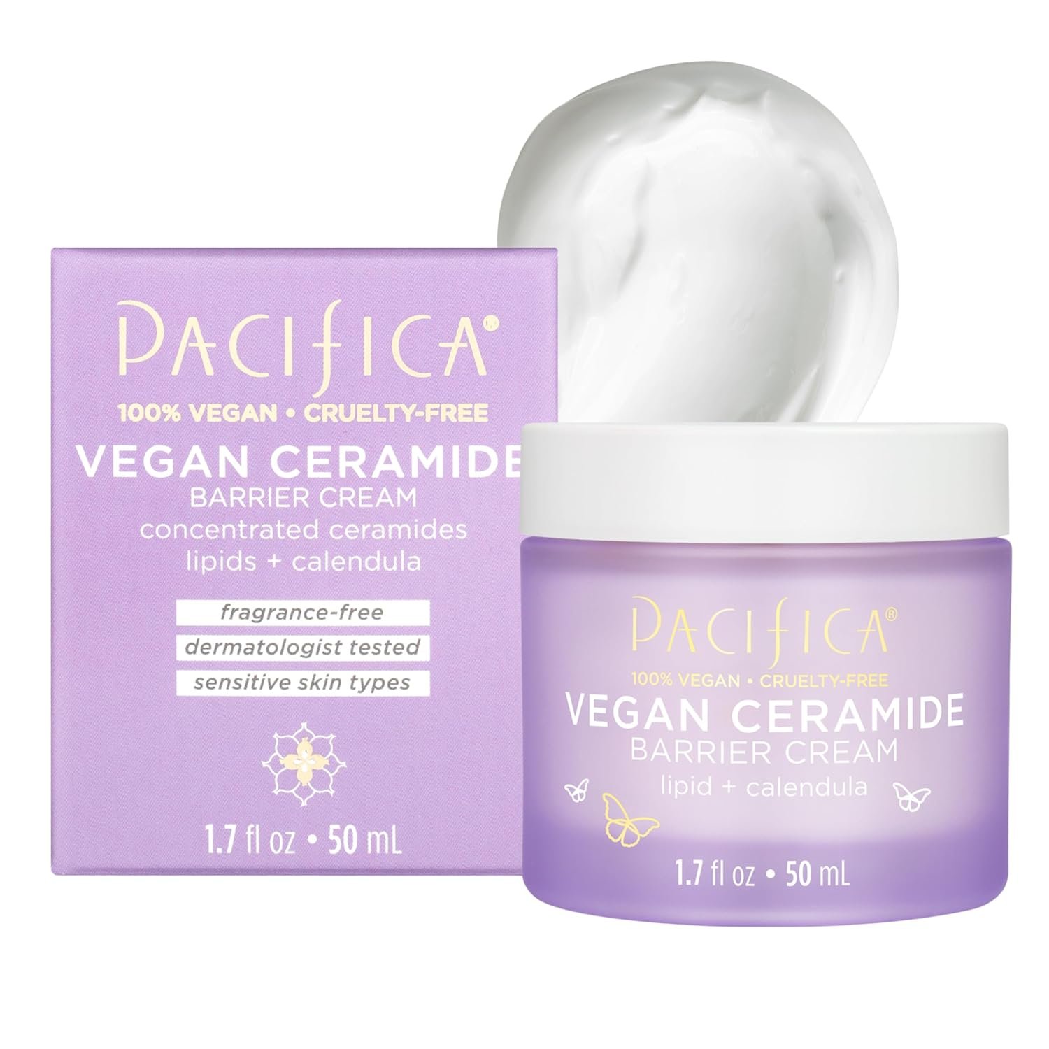 Pacifica Face Cream – Vegan Ceramide Barrier Cream w/Niacinamide & Shea Butter – Hydrating Daily Face Moisturizer Fragrance Free for Sensitive Skin, Vegan, Clean Beauty Allergy & Dermatologist Tested
