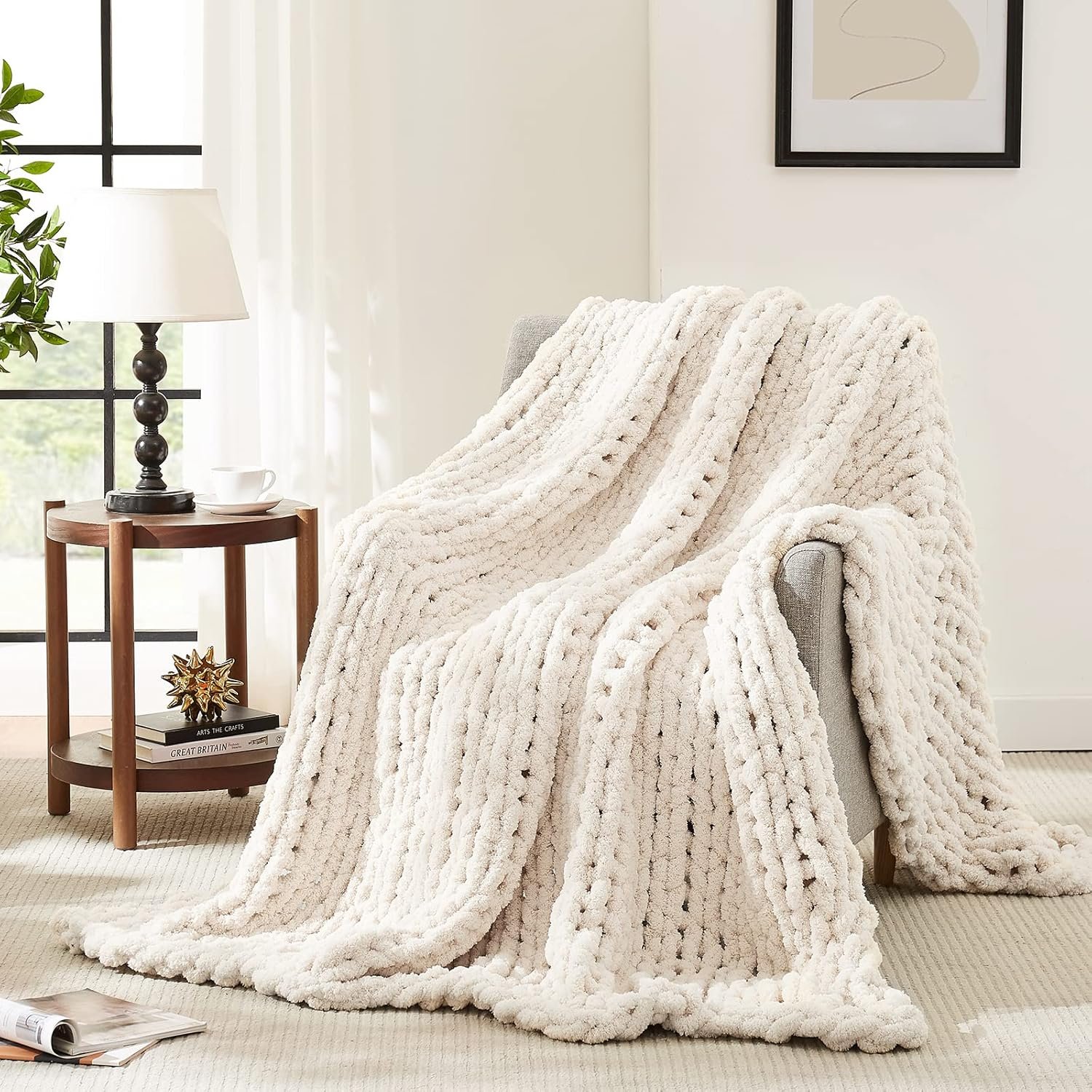 L’AGRATY Chunky Knit Blanket Throw,Soft Chenille Yarn Throw Blanket 50×60，Handmade Cable Knit Crochet Blanket,Large Knit Blankets Chunky Yarn,Rope Knot Throw Blanket for Couch Sofa Bed Home Decor